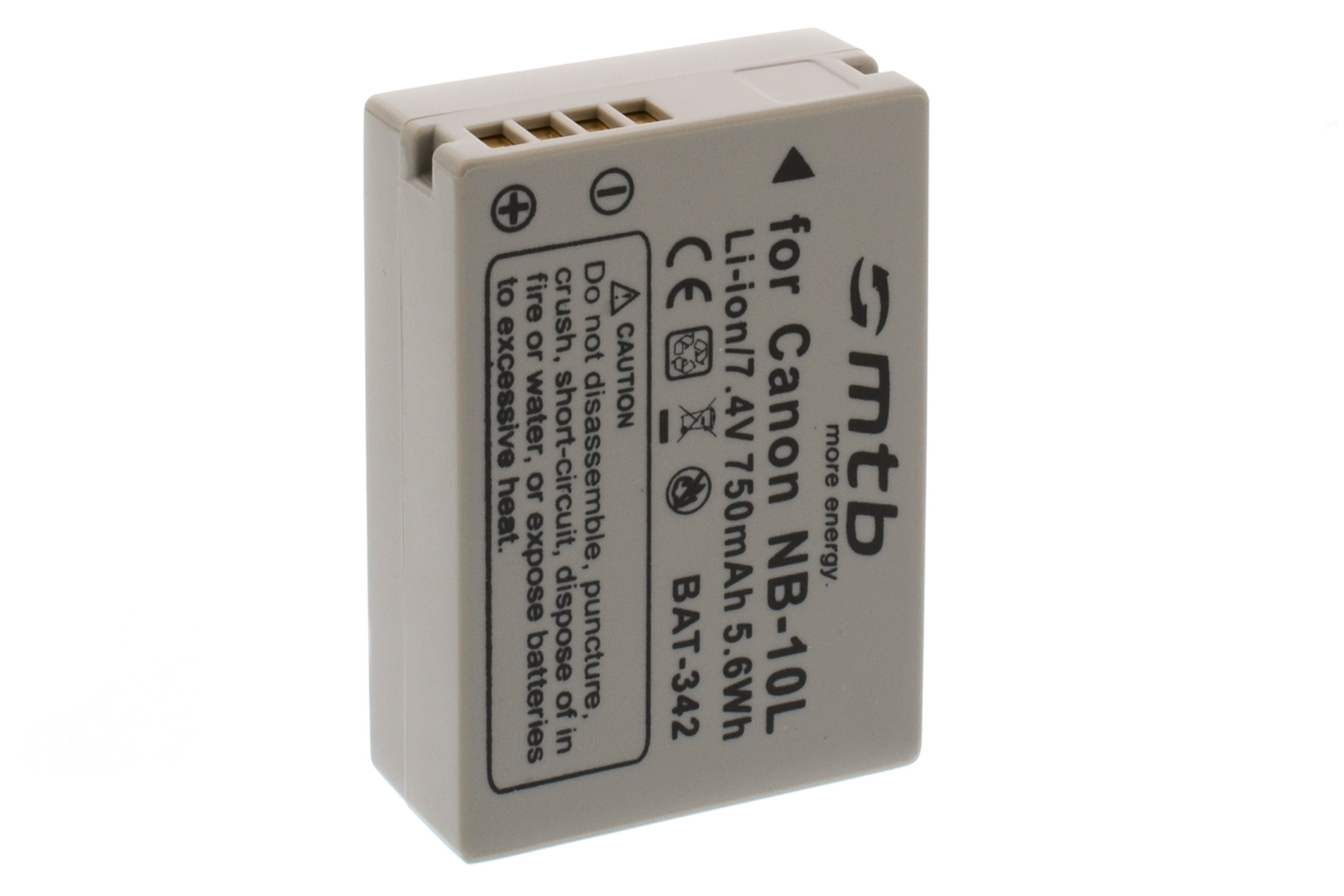 Graue Kamera-Batterie mit schwarzem Text, beschriftet: For Canon NB-10L, Li-ion 7.4V 750mAh 5.6Wh. Warnhinweis.