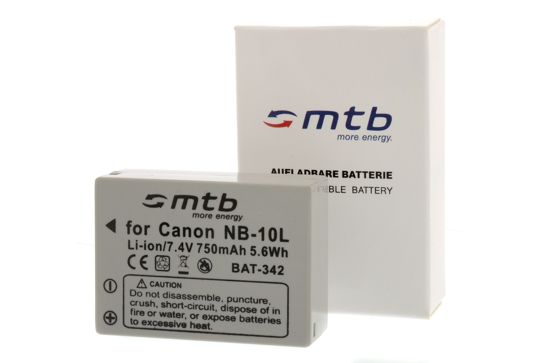 Weiße Box und Kamera-Akku. Text auf Akku: 'For Canon NB-10L. Li-ion 7.4V 750mAh 5.6Wh'.