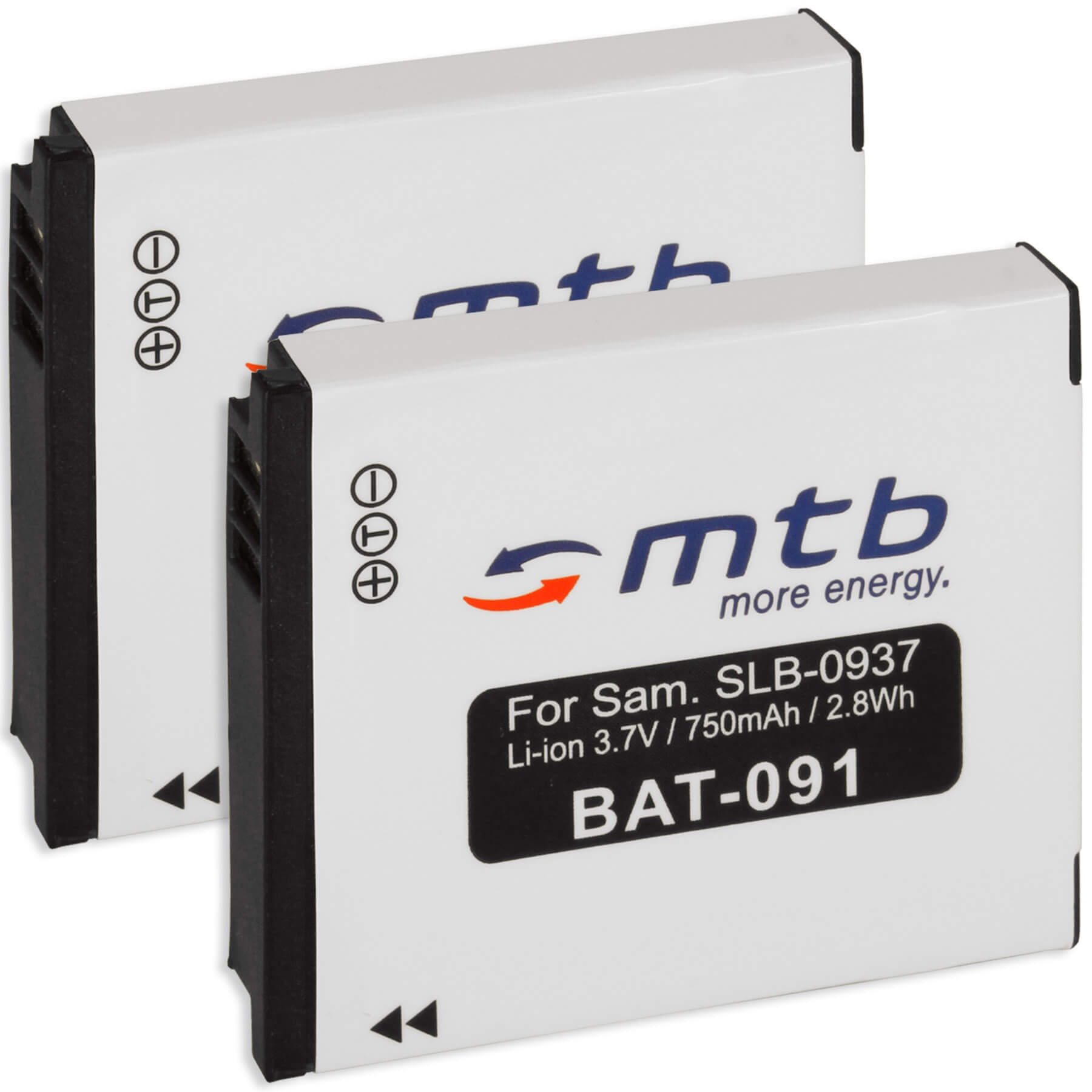 Zwei weiße Batterien, jeweils mit Etikett: Für Sam. SLB-0937, Li-Ion 3,7V, mit Warnhinweis und Markenlogo.