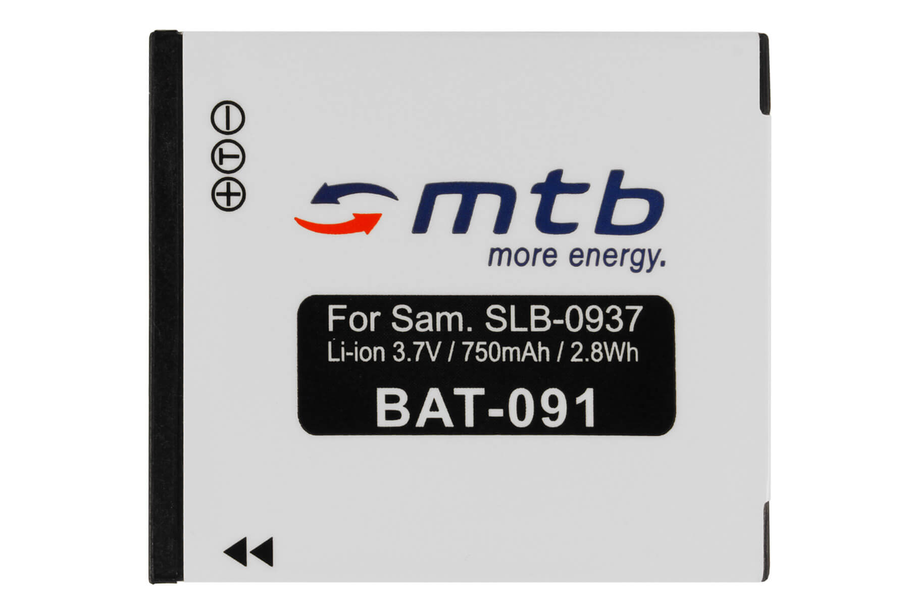 Weiße Batterie mit Text und Logo, freigestellt vor weißem Hintergrund. Schwarze Seiten.