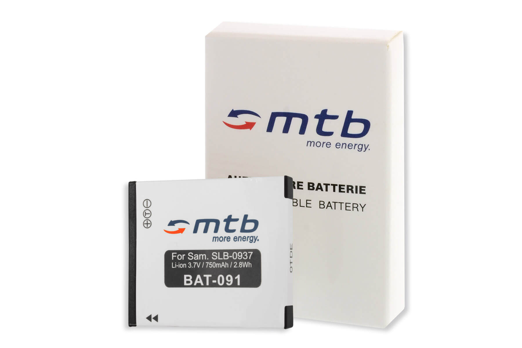Eine weiße Schachtel mit einer Batterie und ihrem Etikett. Das Etikett zeigt 'mtb more energy'.