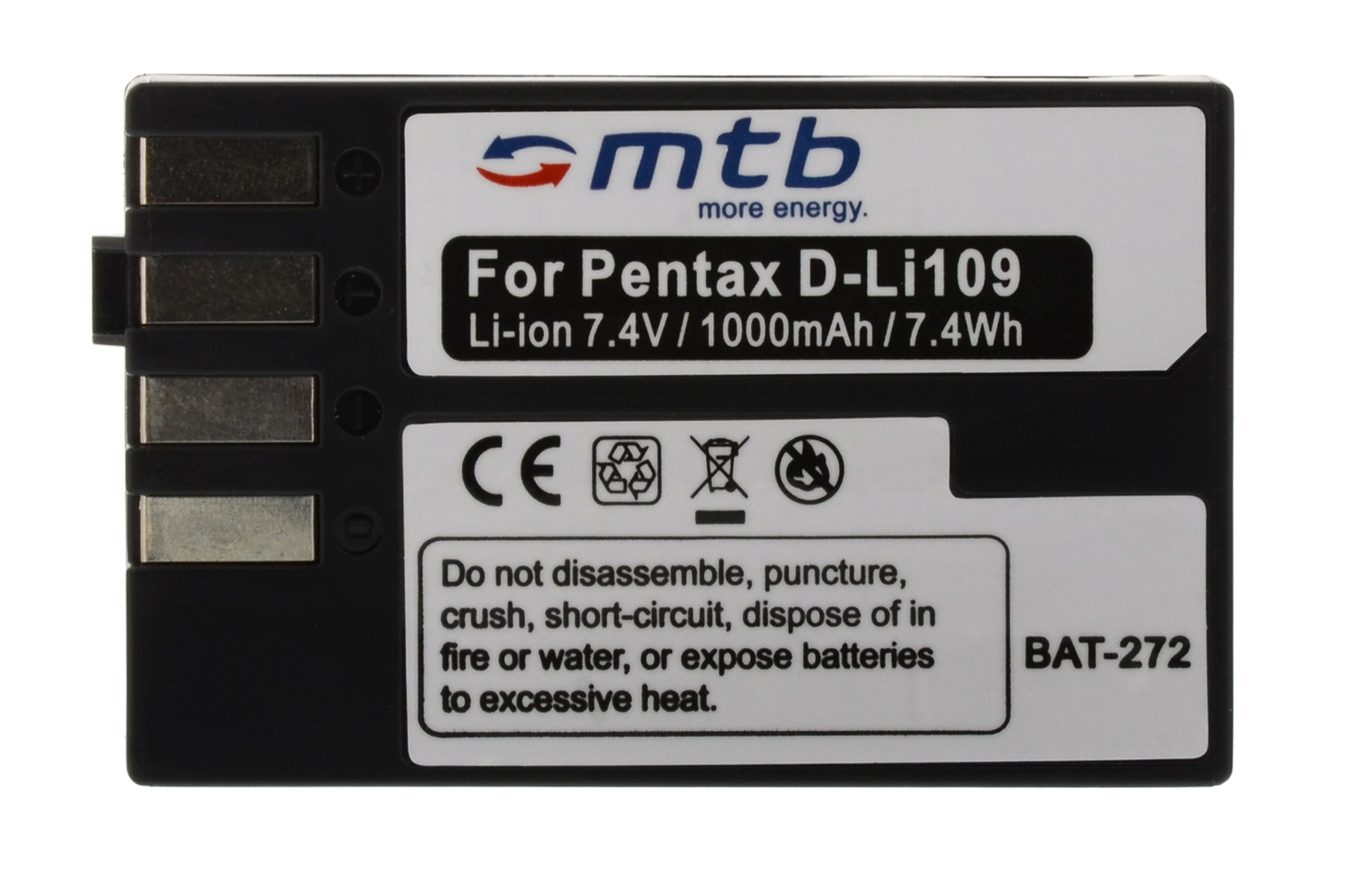 Schwarze Batterie mit weißem Etikett und Text. MTB-Logo oben. Enthält CE-Zeichen und Warnungen.