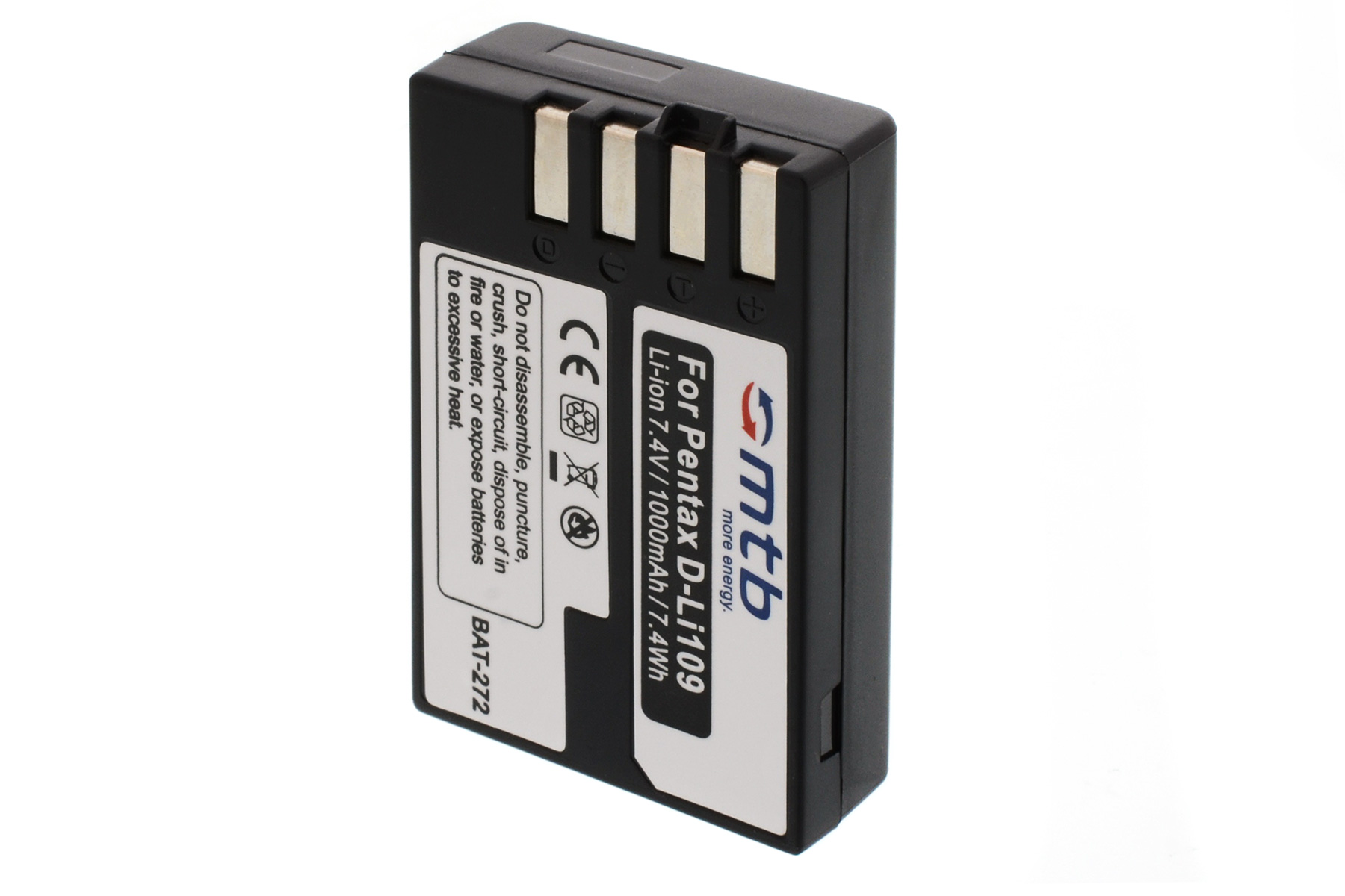 Eine schwarze Batterie für eine Pentax D-Li109 Kamera mit Informationsetikett.