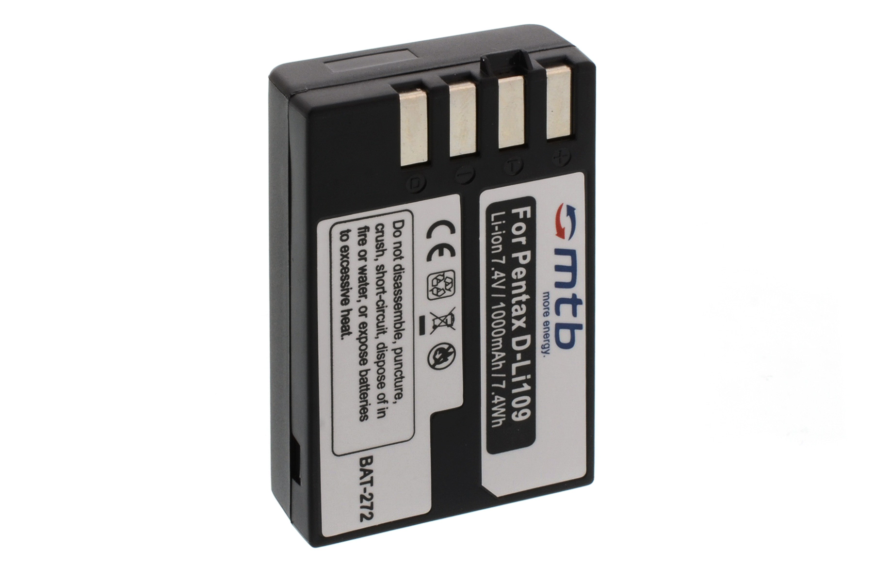Schwarze, rechteckige Batterie mit weißem Text und Logo. Der Hintergrund ist weiß.