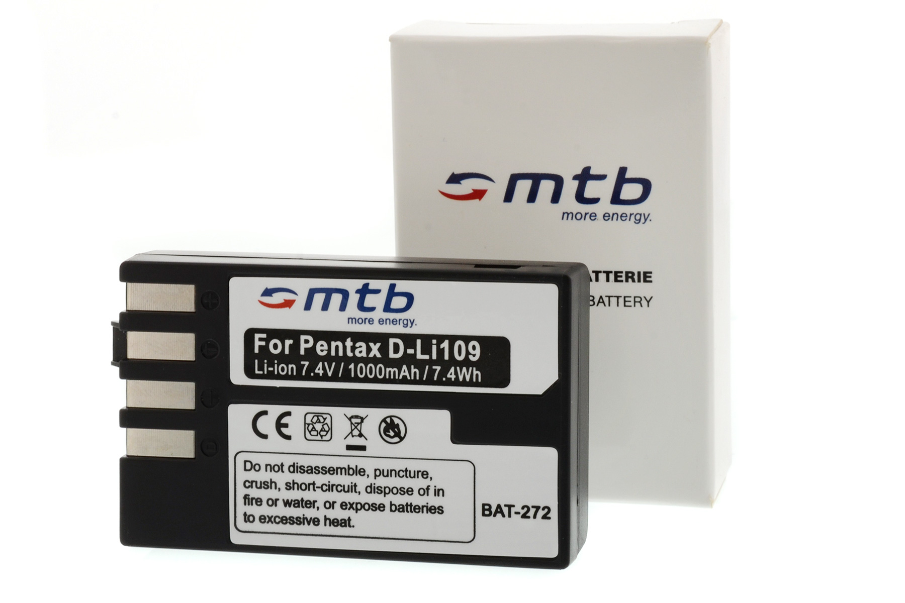 Schwarze Kamera-Batterie mit Text. Weißer Hintergrund.
