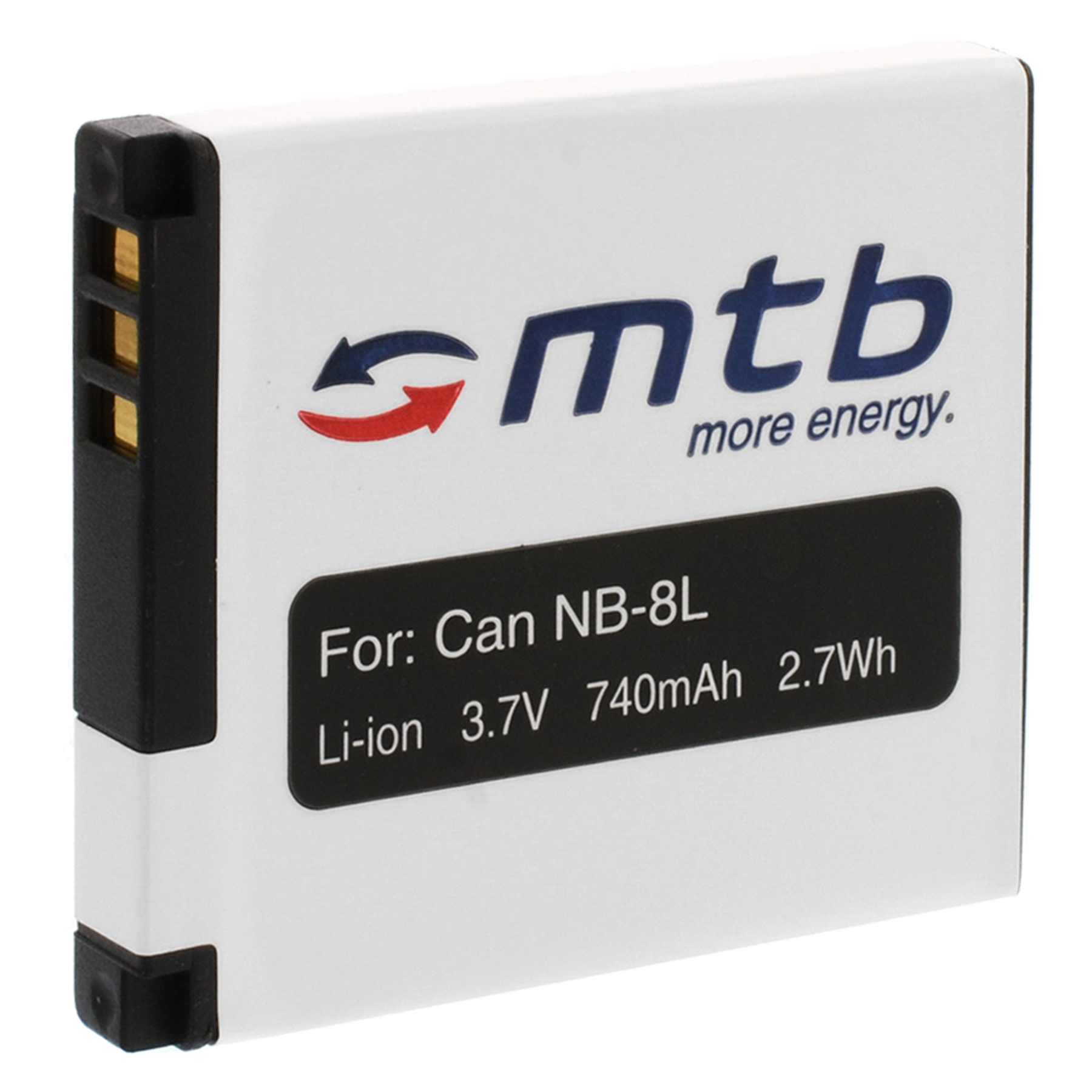 Weißer, rechteckiger Akku mit der Aufschrift 'mtb more energy' und Text.
