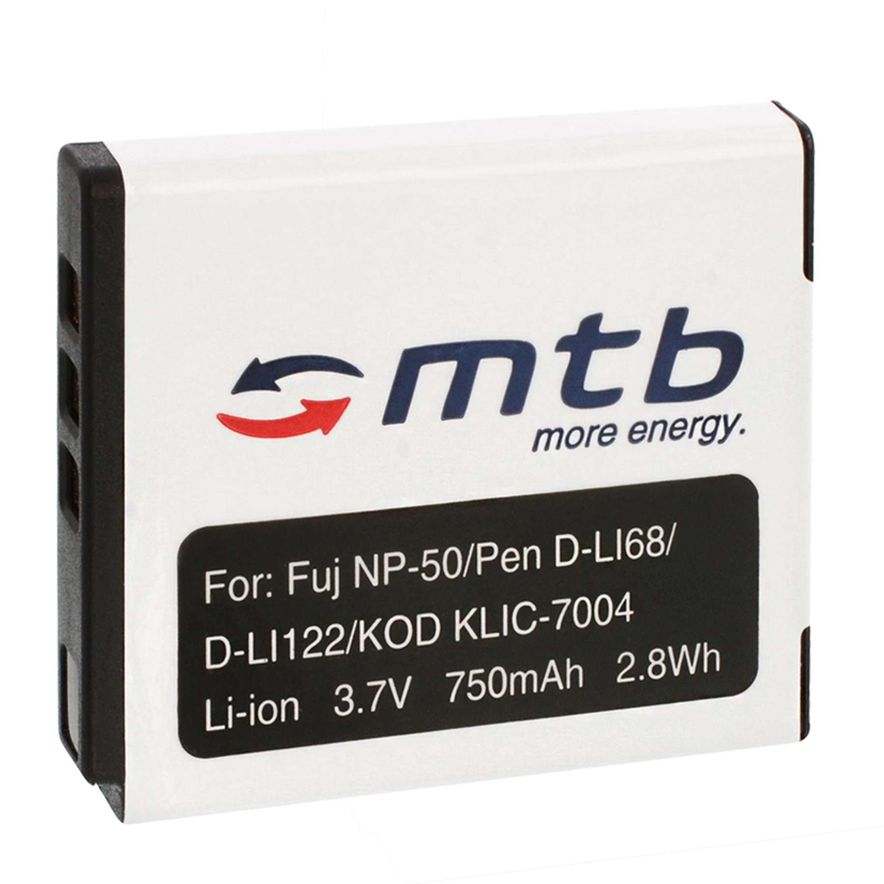 Eine weiße Batterie mit schwarzem Etikett. Das Logo ist rot und blau.