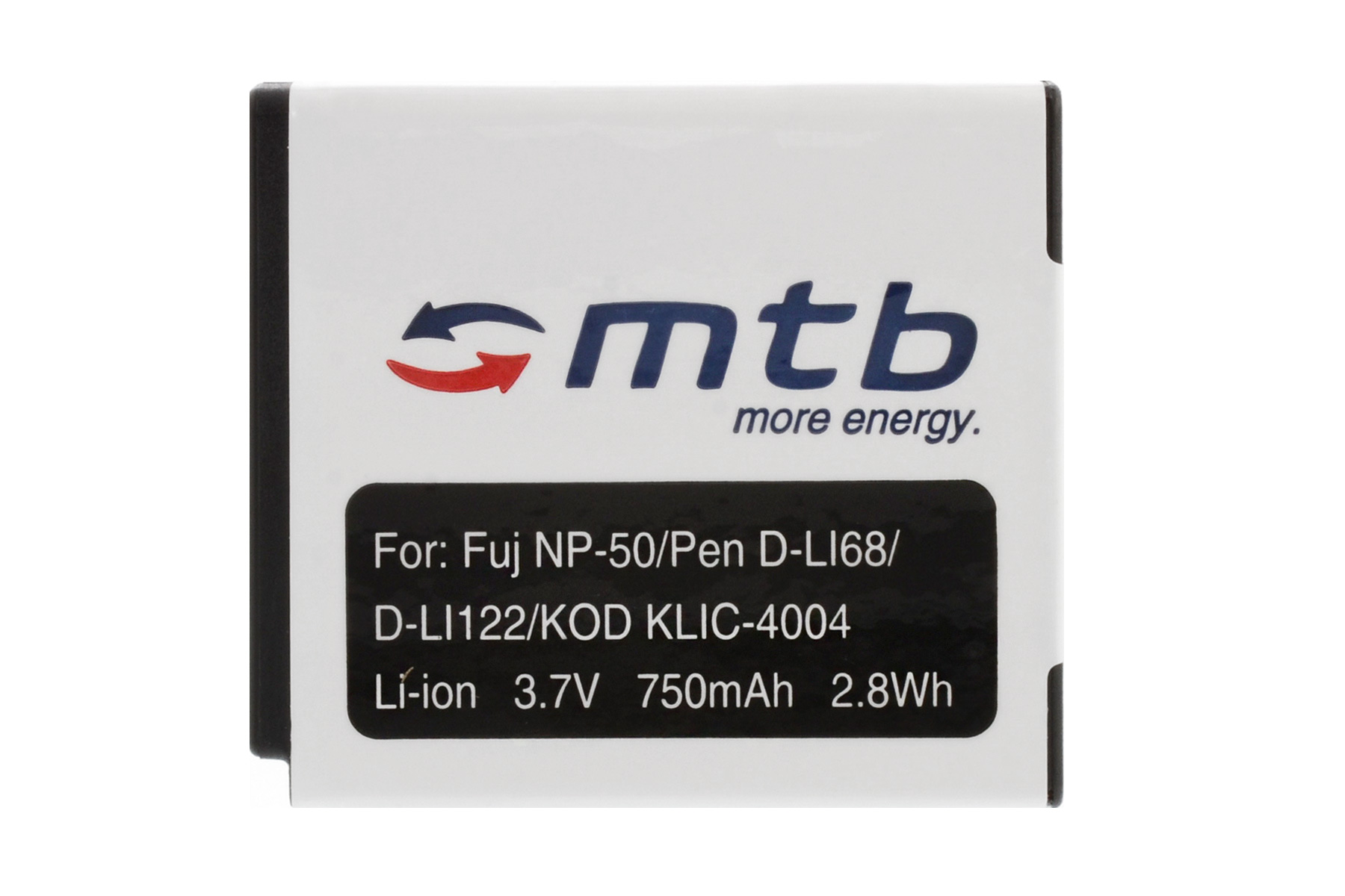 Eine weiße Batterie für Fuji- und Pen-Kameras mit einem schwarz-roten Logo und Text.