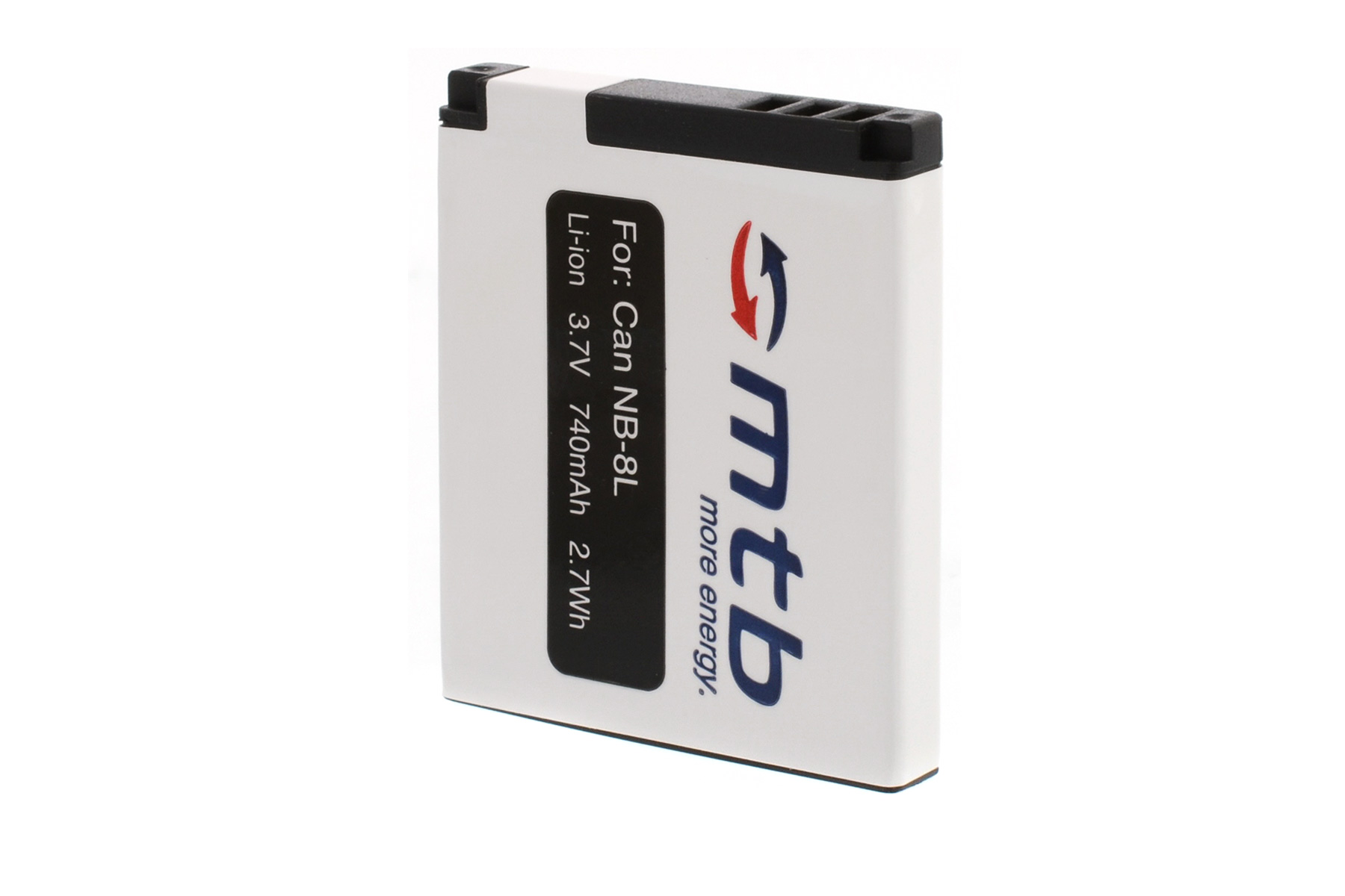 Weiße Batterie mit schwarzem Text, schwarzem Tab und weißem Hintergrund.