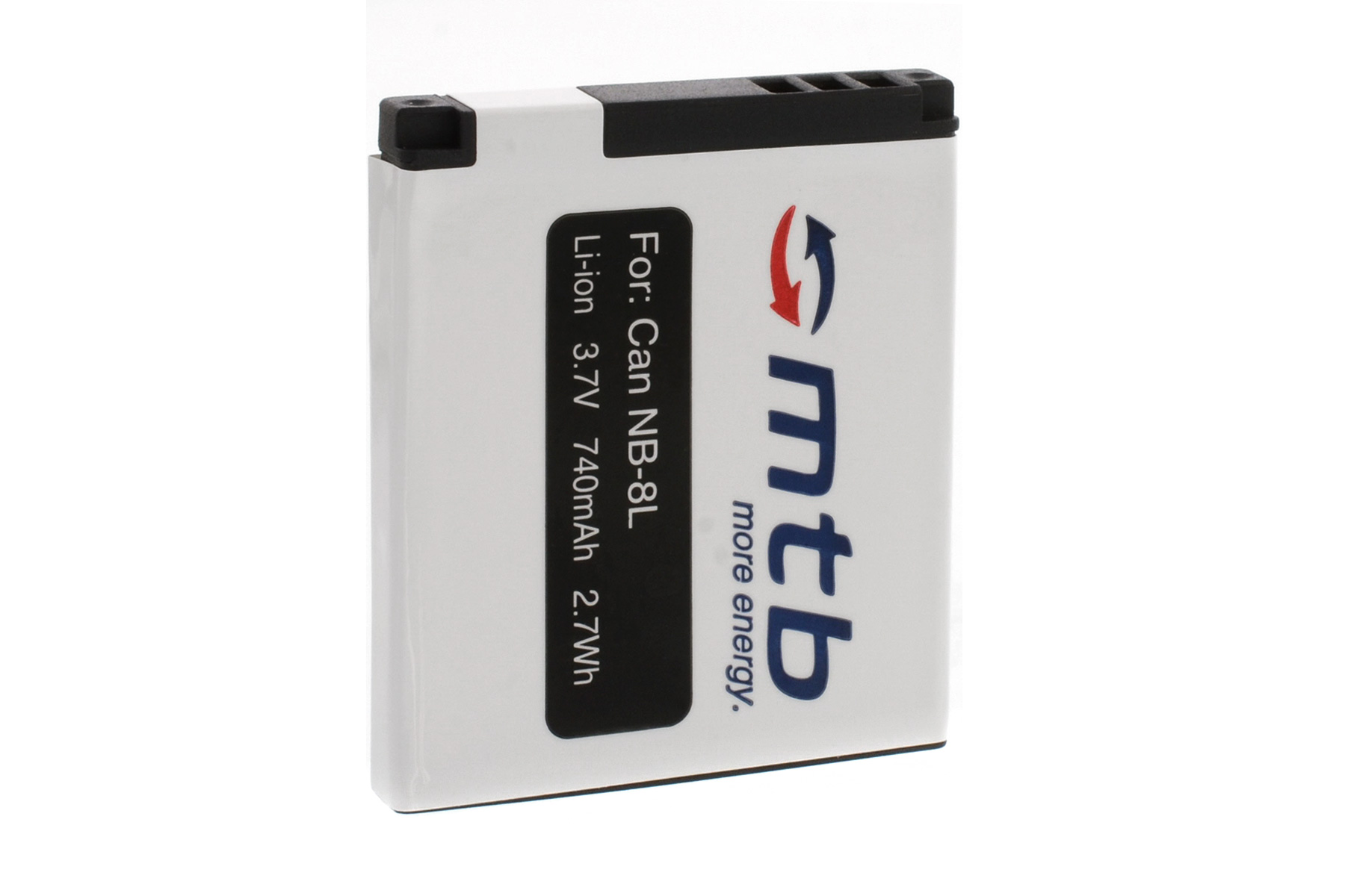 Weiße Batterie mit schwarzem Text und rotem Pfeil. Sie hat eine schwarze Oberseite. Der Hintergrund ist weiß.