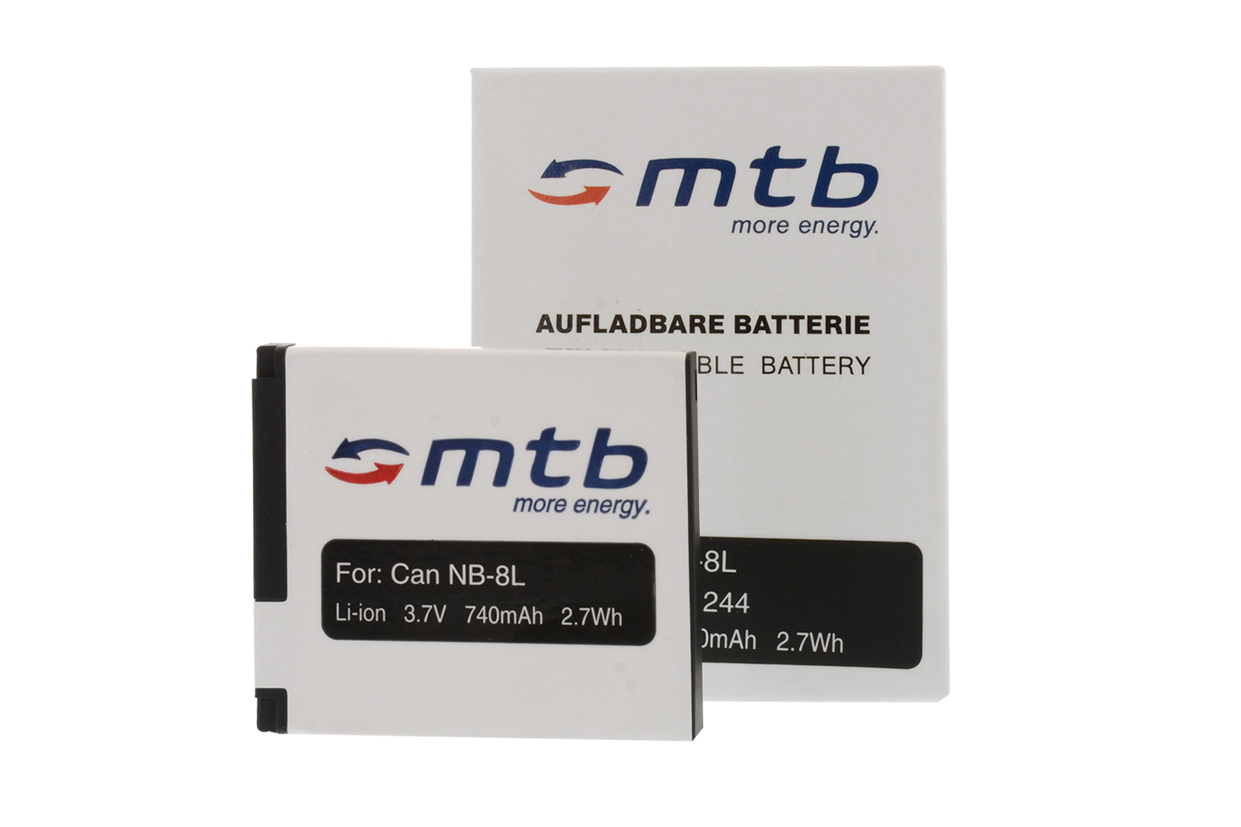 Zwei weiße Batterien mit schwarzem Text, die angeben, dass sie für Can NB-8L Li-Ion 3,7 V Batterie sind.