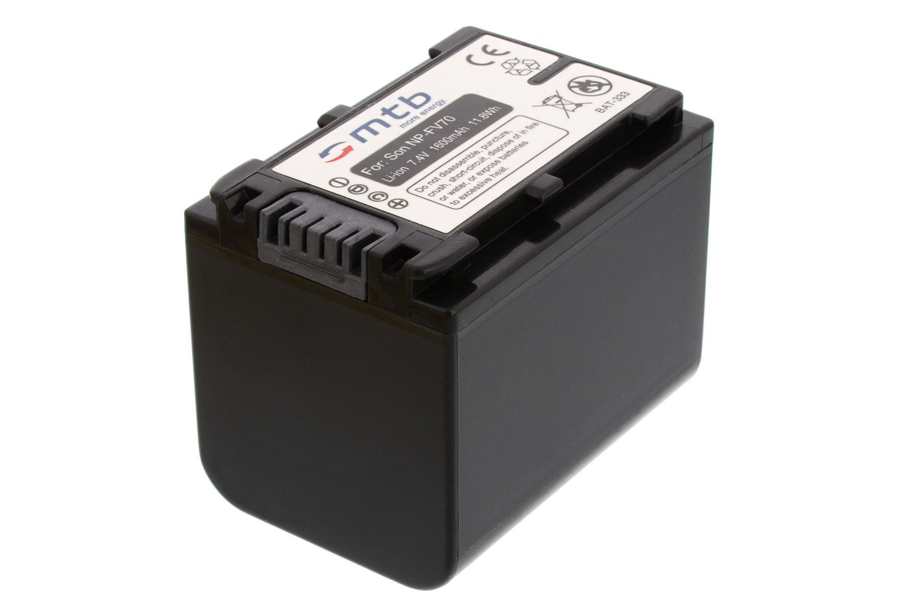 Eine schwarze Batterie mit Anschlüssen und Etiketten, vor weißem Hintergrund.