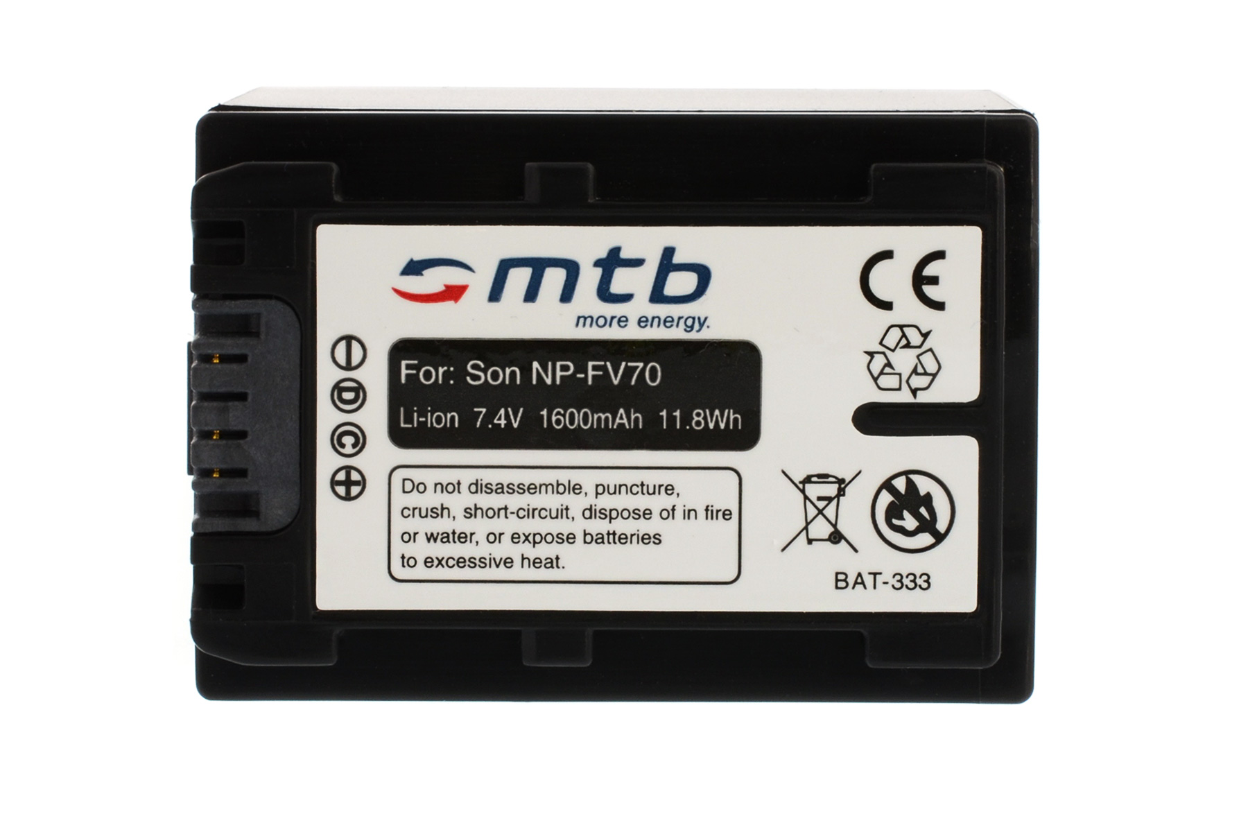 Schwarze rechteckige Batterie mit Text und Symbolen. Weißer Hintergrund.