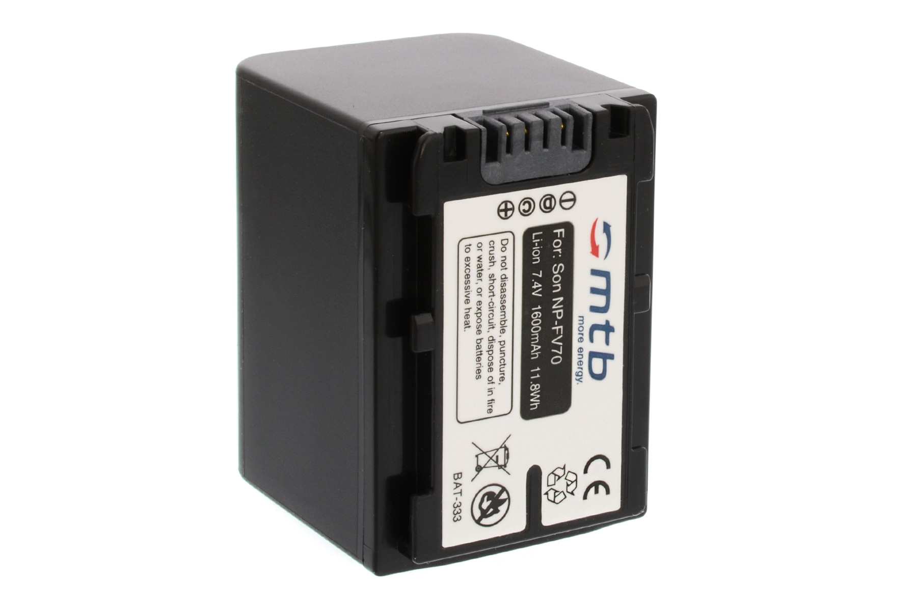 Eine schwarze Batterie mit weißem Etikett und CE-Zeichen.