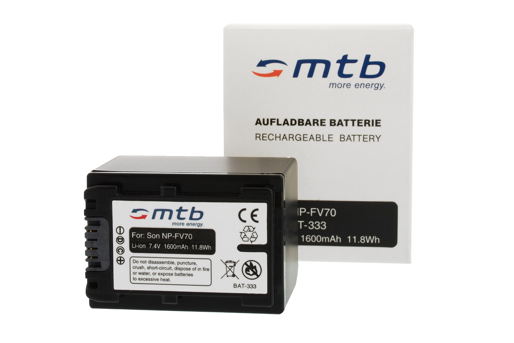 Schwarzer Akku, mit Text: 'mtb more energy', und eine weiße Box mit Text.