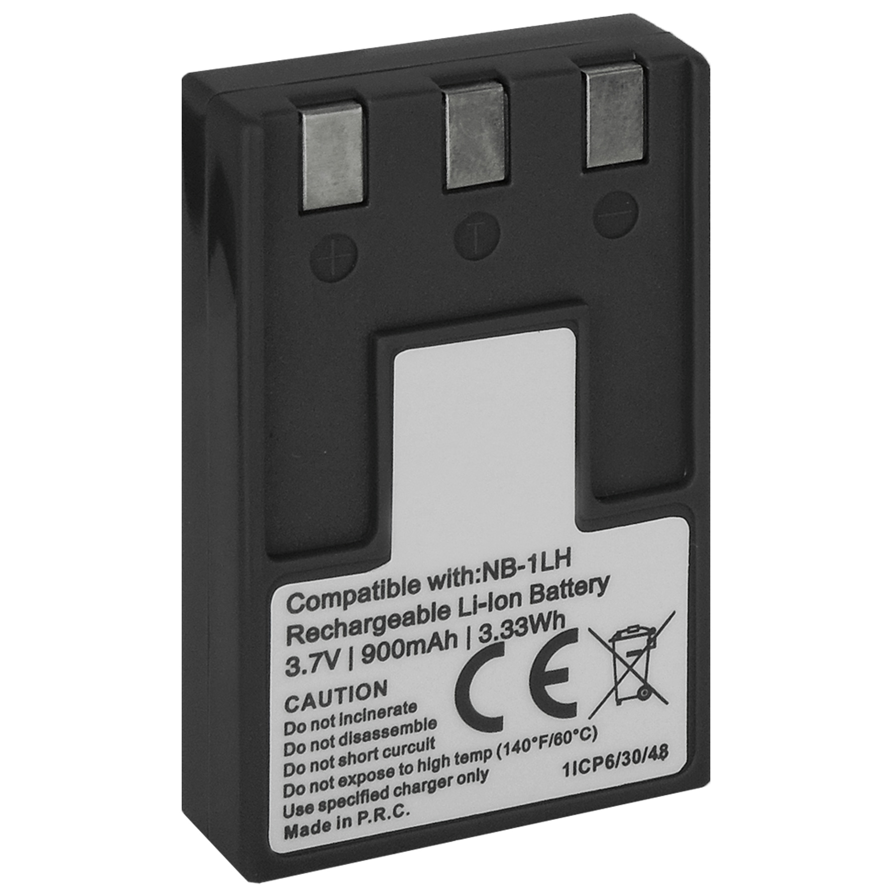 Schwarze Batterie. Weißes Etikett mit Text, Warnsymbolen und CE-Symbol. Goldkontakte oben.