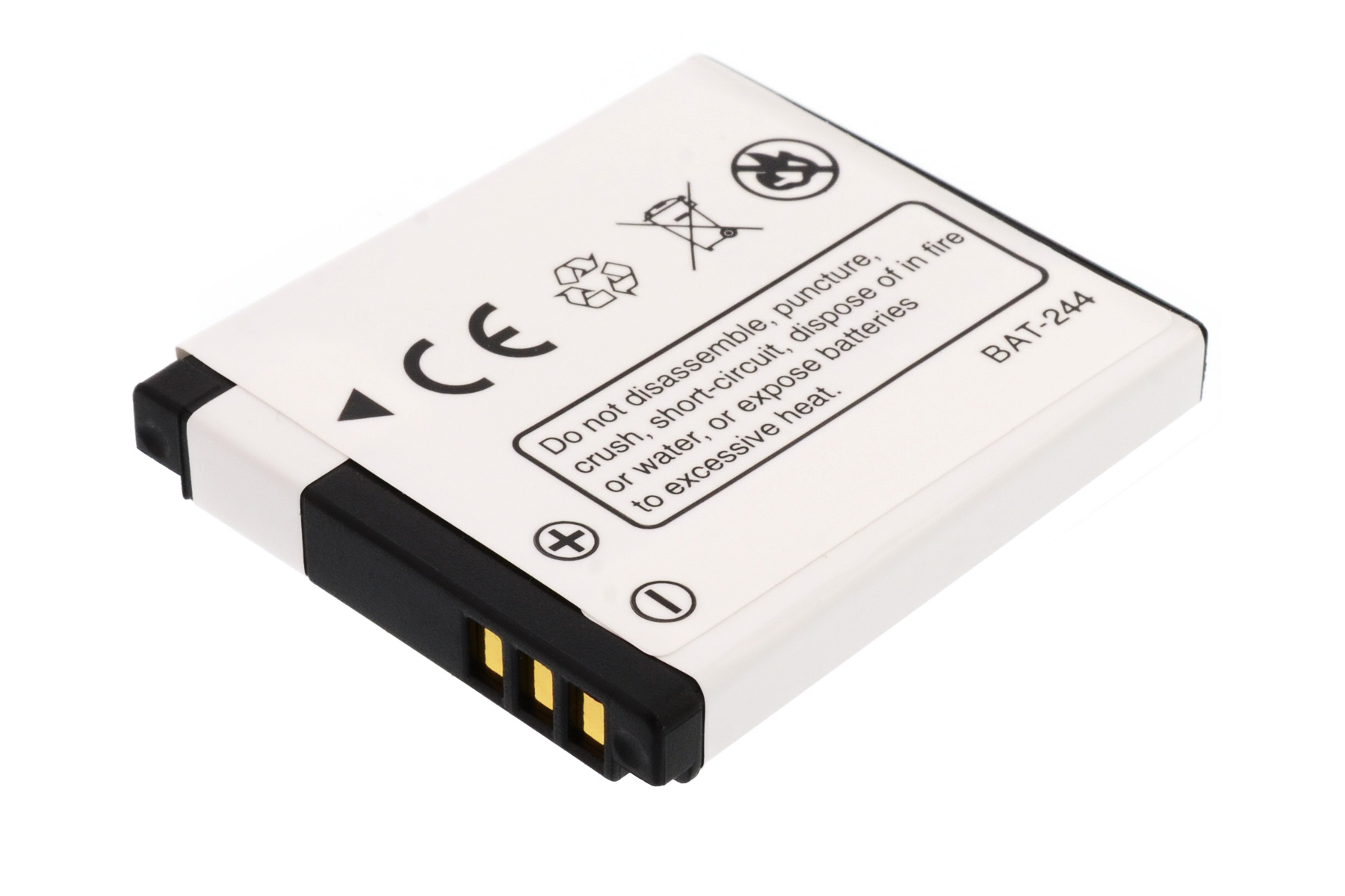 Eine weiß-schwarze Batterie mit Etikett und drei goldenen Kontaktstiften. Sie hat eine CE-Kennzeichnung und Warnsymbole.