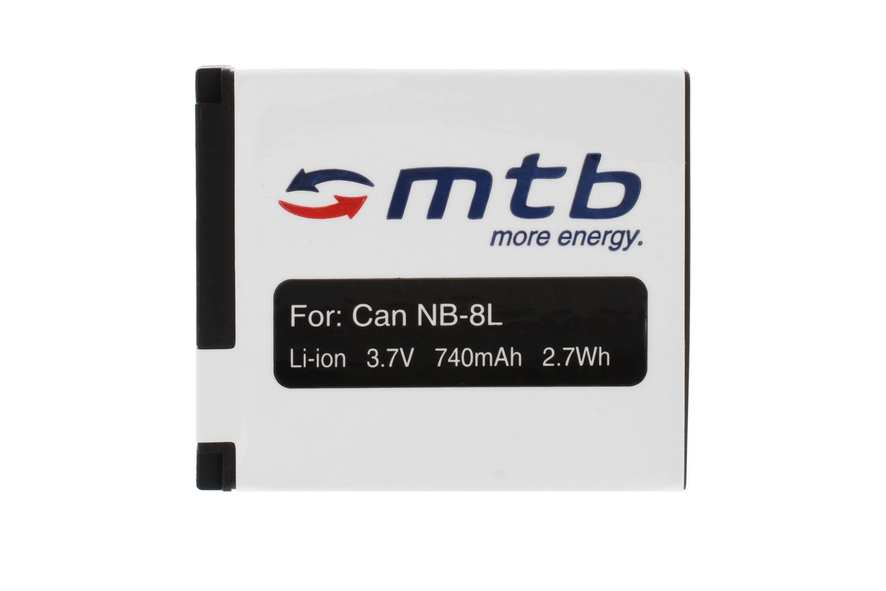 Weiße Batterie mit schwarzem Text. 'mtb'-Logo und Text 'For: Can NB-8L Li-ion 3.7V 740mAh 2.7Wh'. Schwarzes Rechteck.