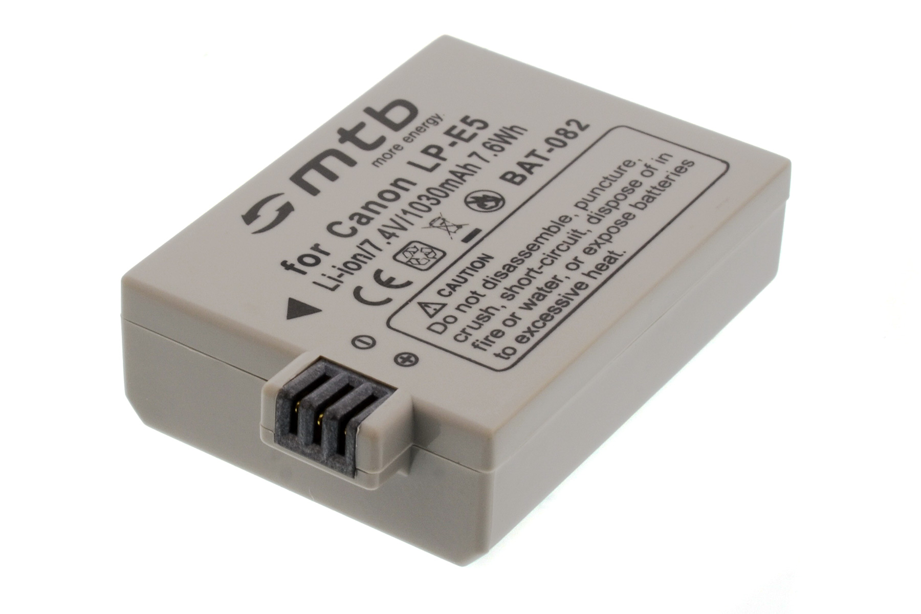 Eine graue Batterie für Canon LP-E5. Text sagt 'mtb more energy' und 'for Canon LP-E5 Li-ion 7,4V 1030mAh'.