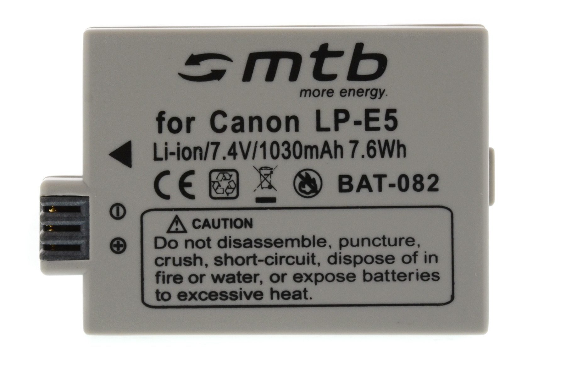 Eine graue Batterie mit dem Text: 'mtb more energy'. Sie hat den Text: 'for Canon LP-E5 Li-ion 7.4V/1030mAh 7.6Wh'.