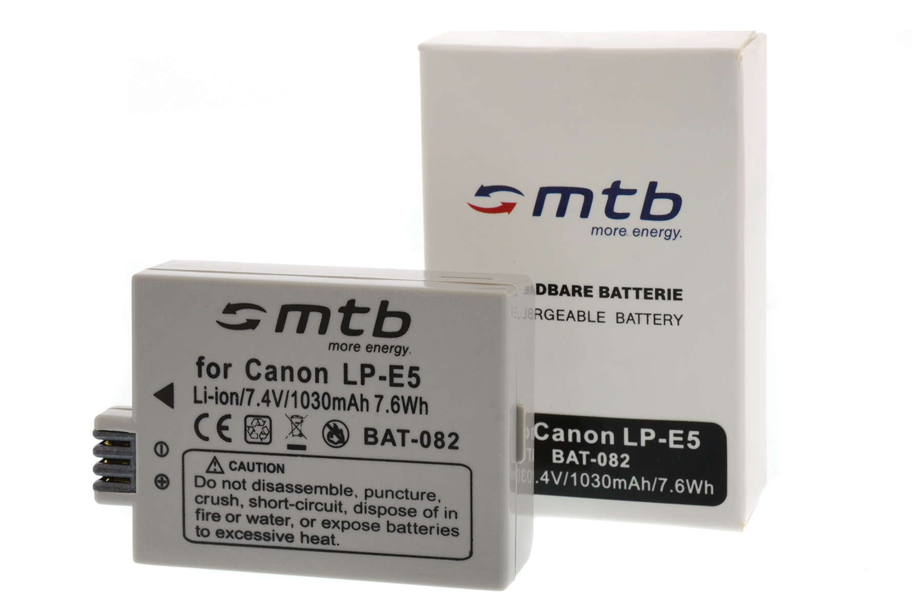 Weiße Batterie mit einer Box. Text enthält 'mtb more energy' und Warnungen.