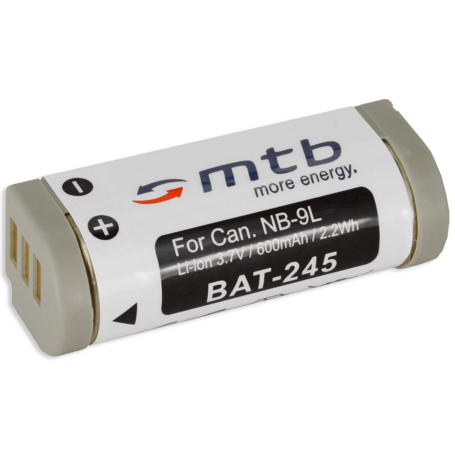 Grau-weißer Akku mit Etikett: Für Can. NB-9L, Li-Ion 3,7V und Markenlogo.