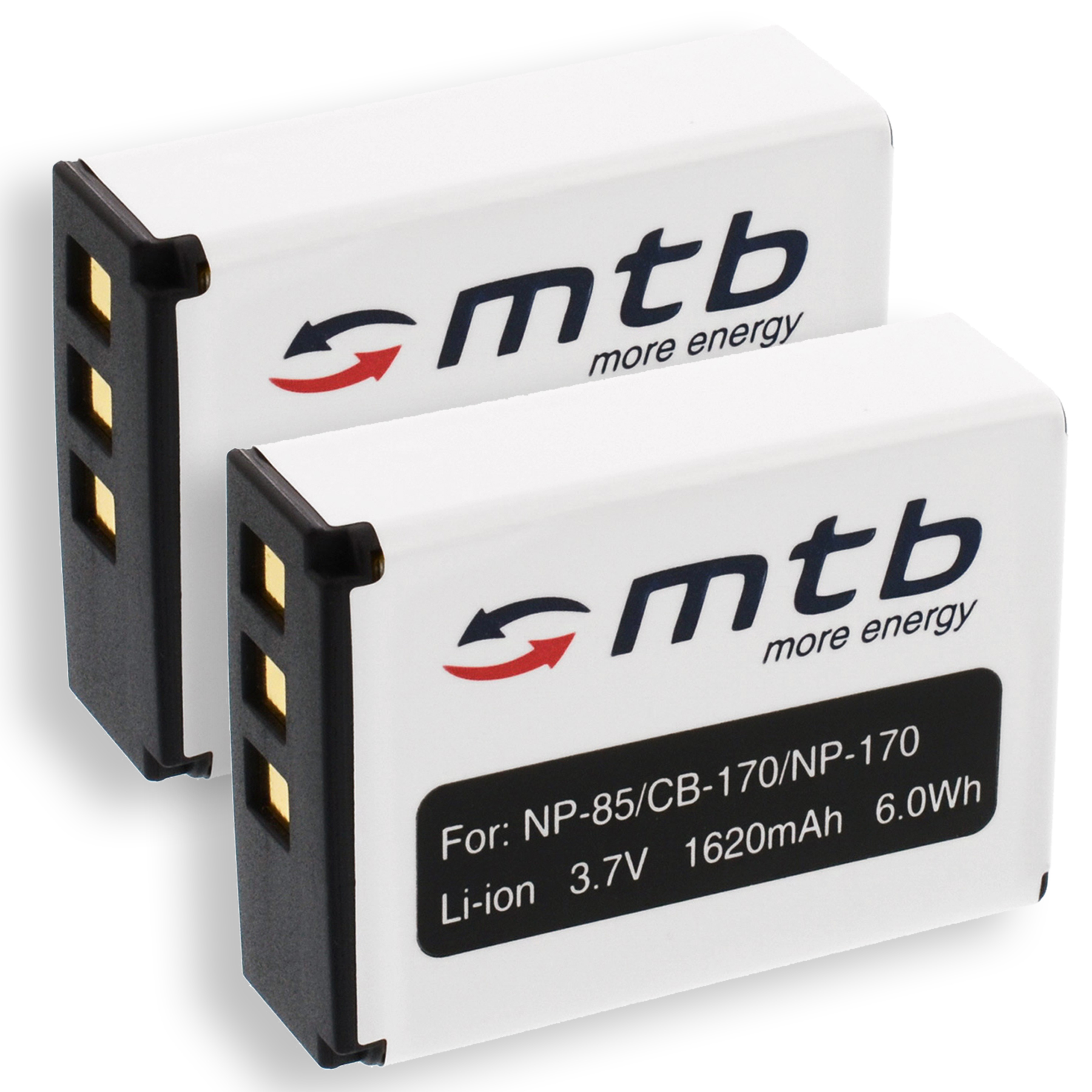 Zwei weiße Batterien mit dem MTB-Logo und dem Text 'more energy'.