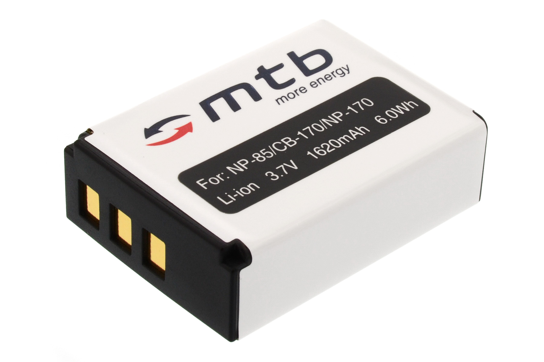 Eine weiß-schwarze Batterie mit Textetiketten und einem schwarzen Stecker.