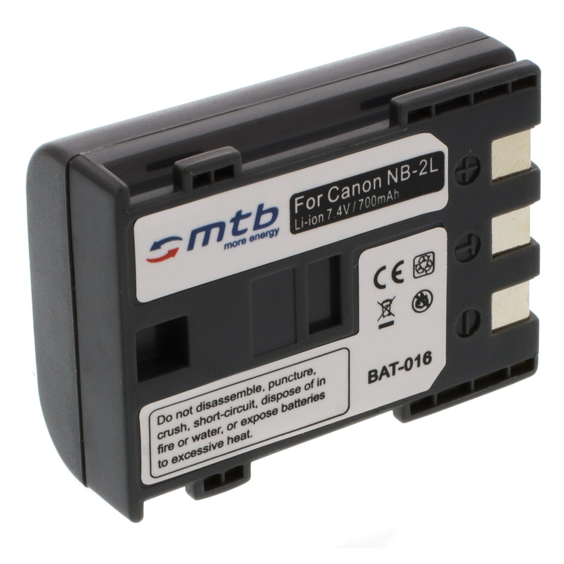 Schwarze Batterie mit Etikett, CE-Zeichen, Sicherheitshinweisen und MTB-Logo.