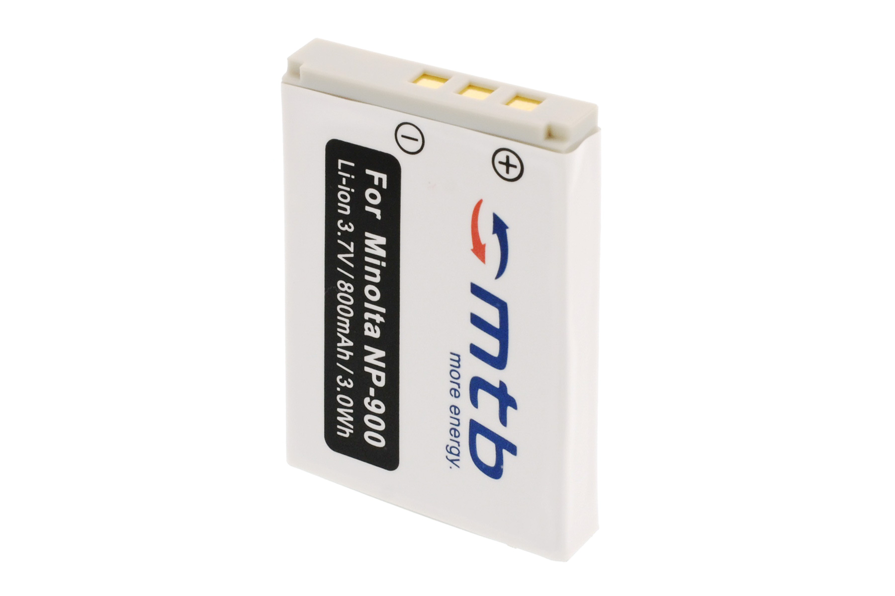 Weiße Batterie mit Text und Logo, Winkelansicht. Weißer Hintergrund.