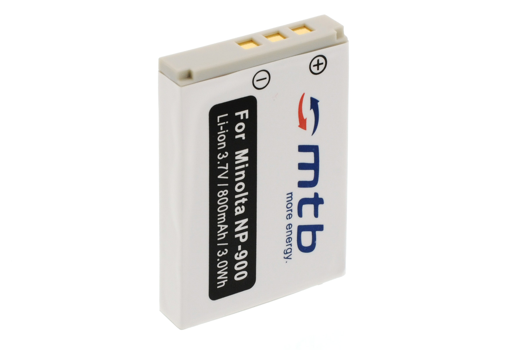 Eine weiße und graue Batterie mit der Aufschrift "For Minolta NP-900". Sie hat ein Plus- und Minuszeichen.