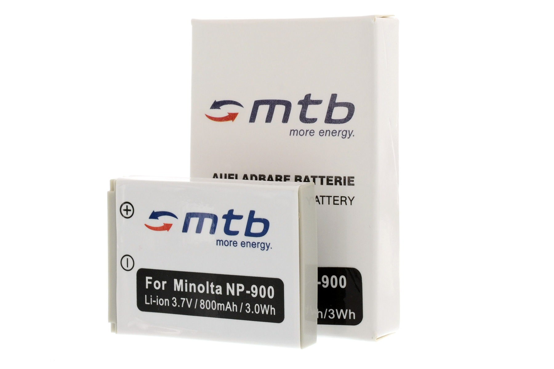 Zwei Batterien mit weißer Verpackung, beschriftet 'For Minolta NP-900'. Batterien sind schwarz und weiß.