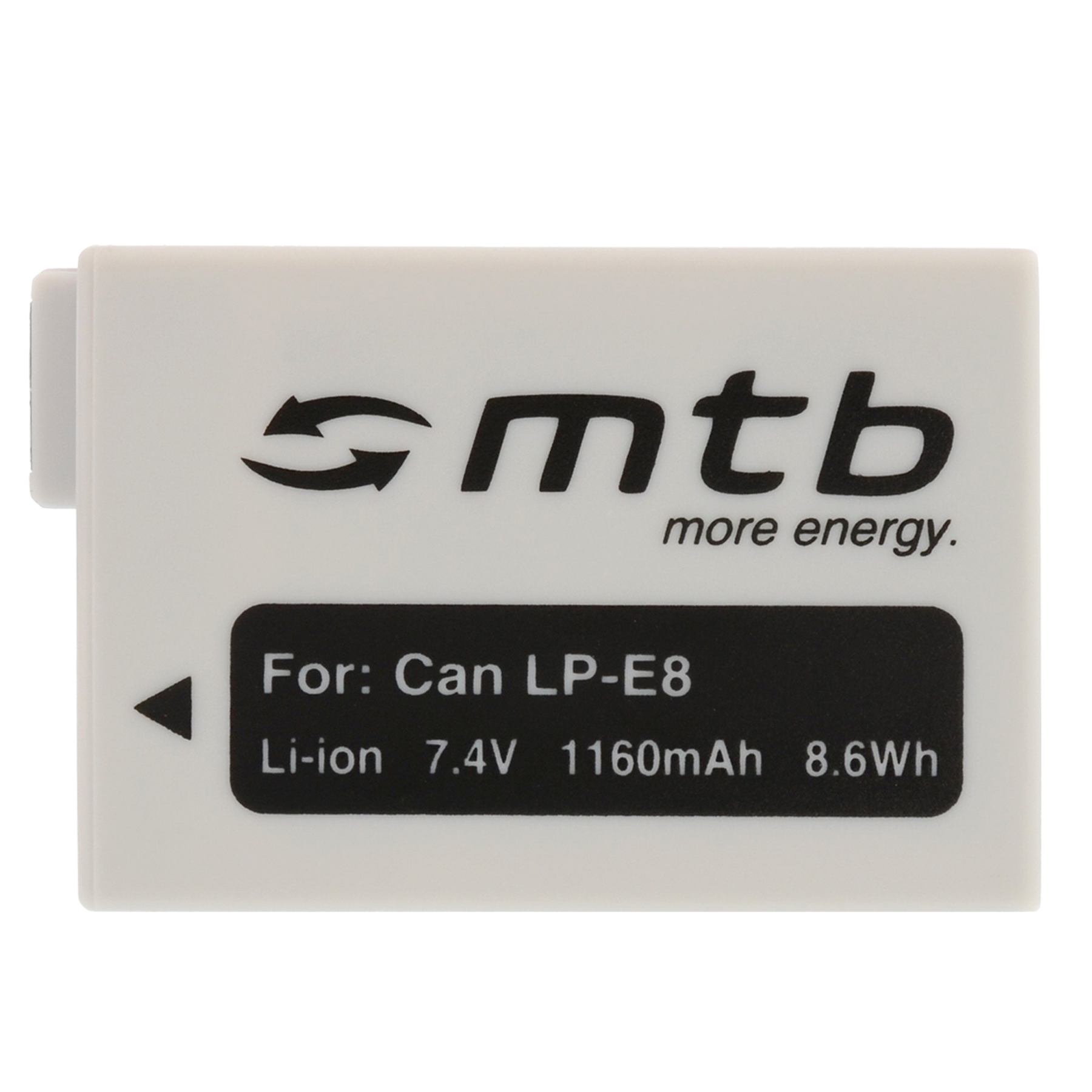 Weißer rechteckiger Akku mit schwarzem Text: "For: Can LP-E8", "Li-ion 7.4V 1160mAh 8.6Wh".