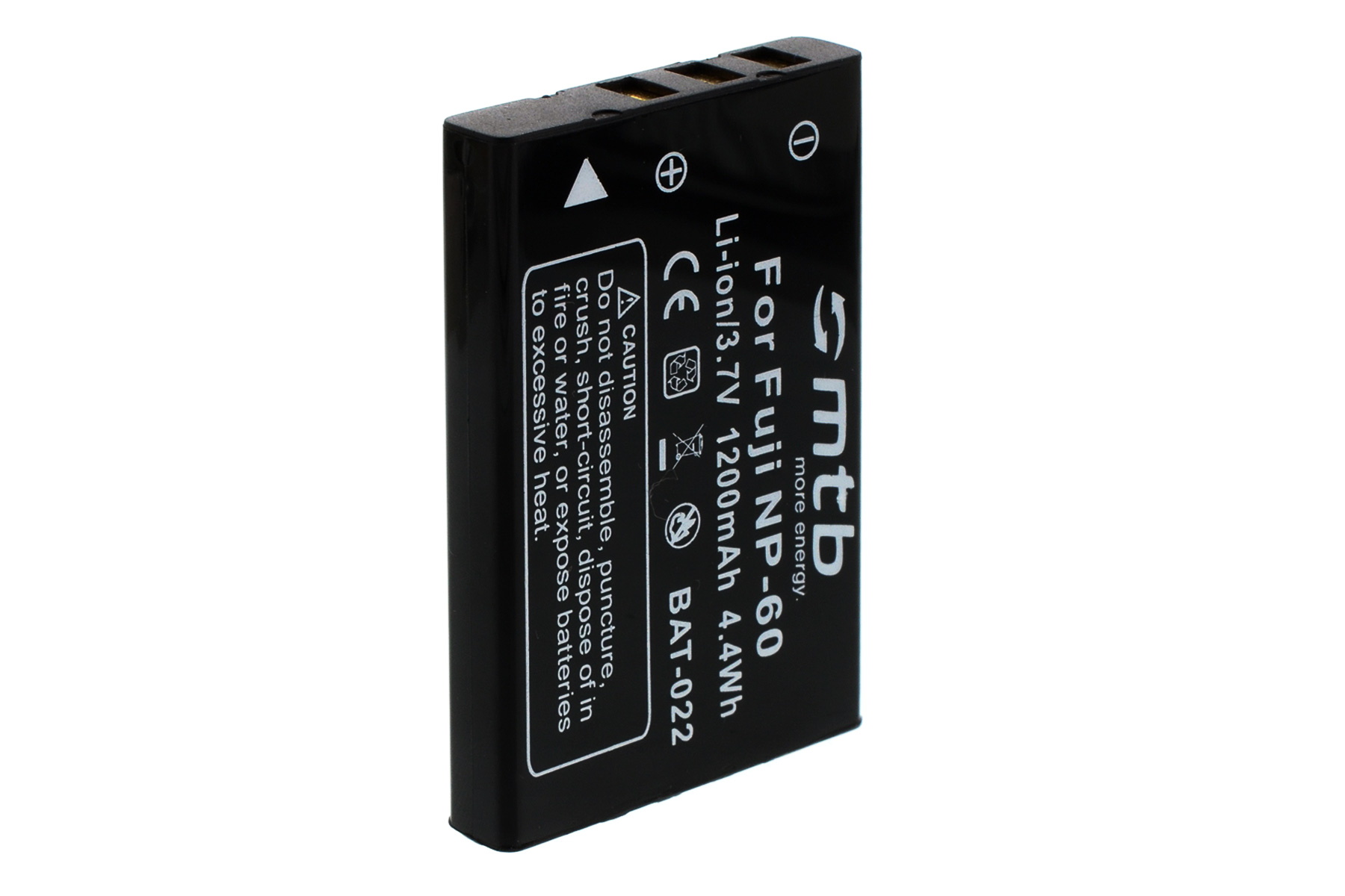 Schwarzer Akku mit Text: 'For Fuji NP-60 Li-ion 3.7V 1200mAh 4.4Wh'. Vorsicht und CE-Zeichen sichtbar.