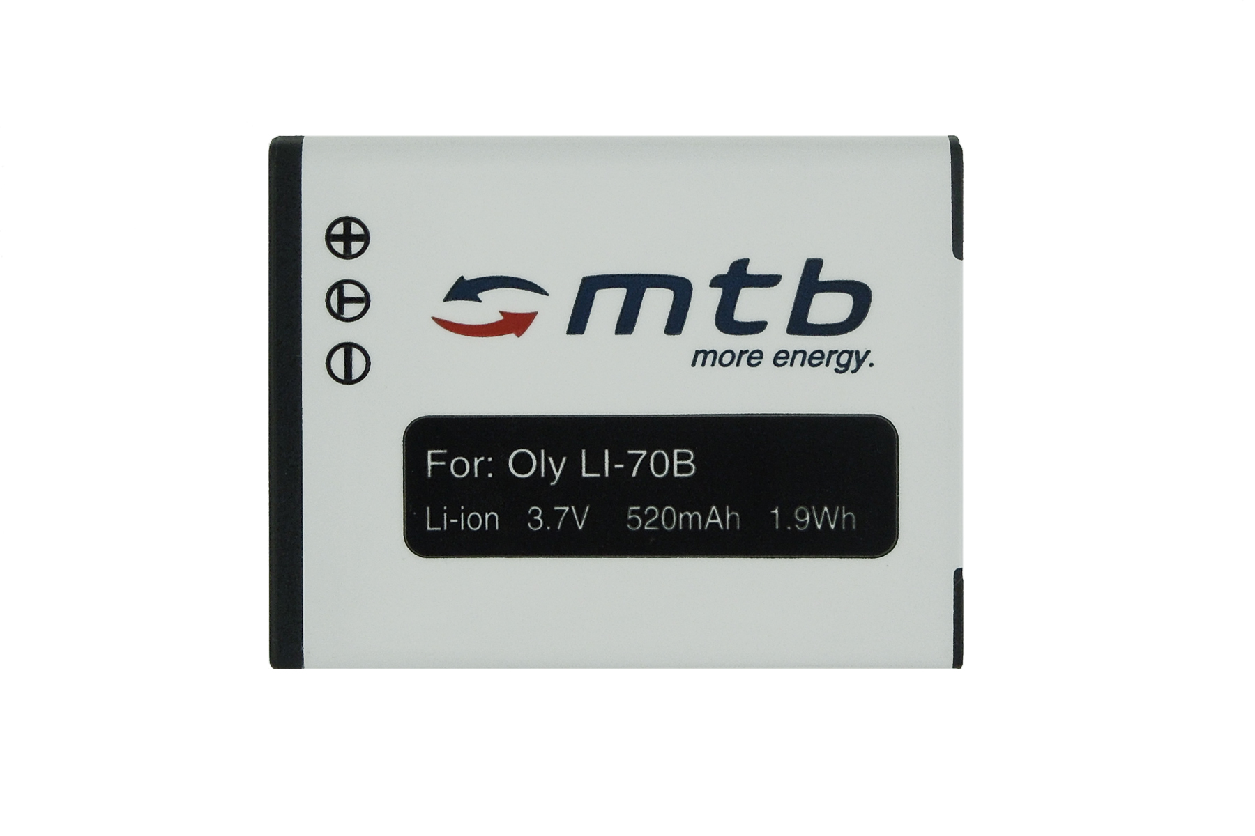 Eine weiße Batterie mit schwarzem Text und dem MTB-Logo oben drauf.