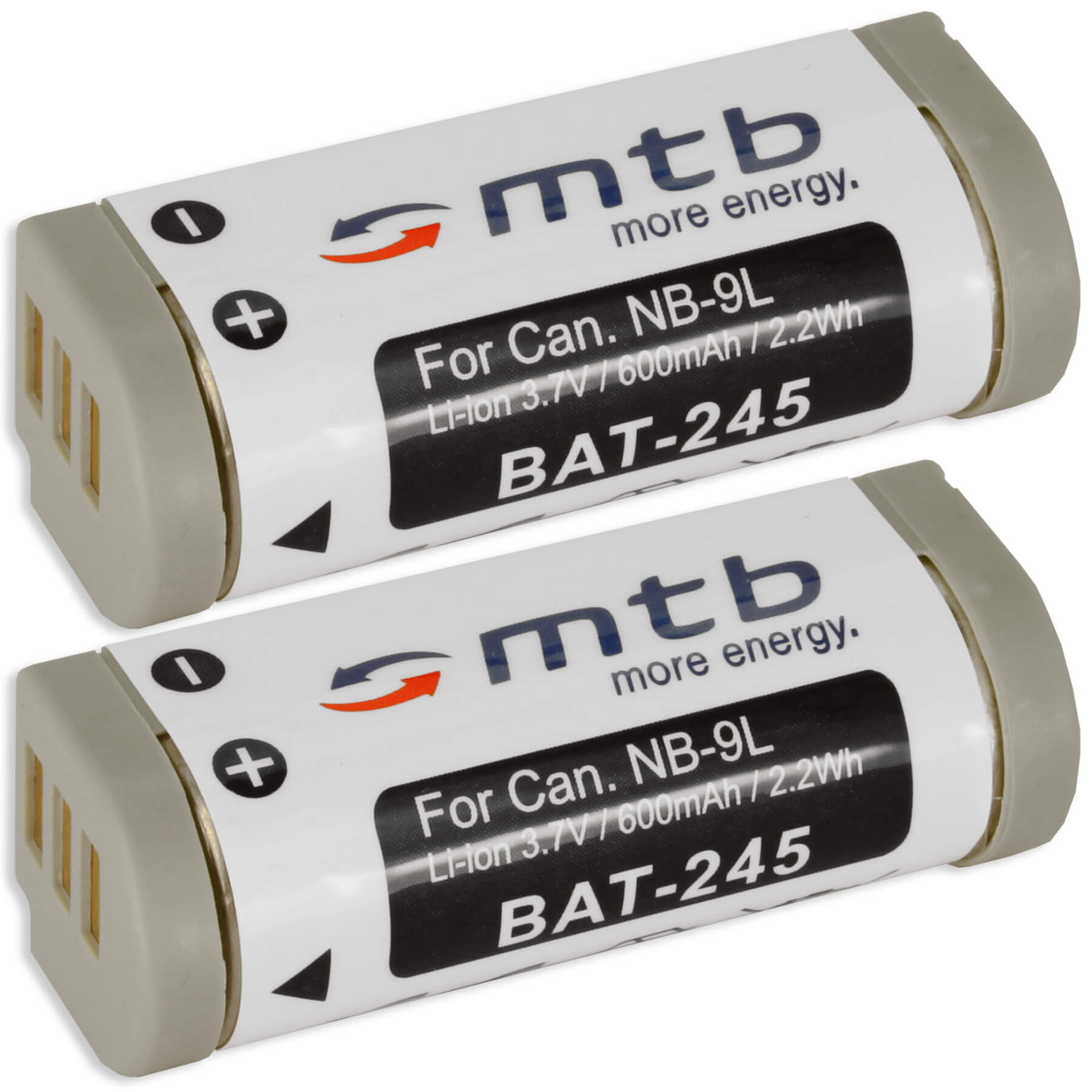 Zwei weiße und graue Batterien mit Text. Die Batterien sind für Canon NB-9L beschriftet.