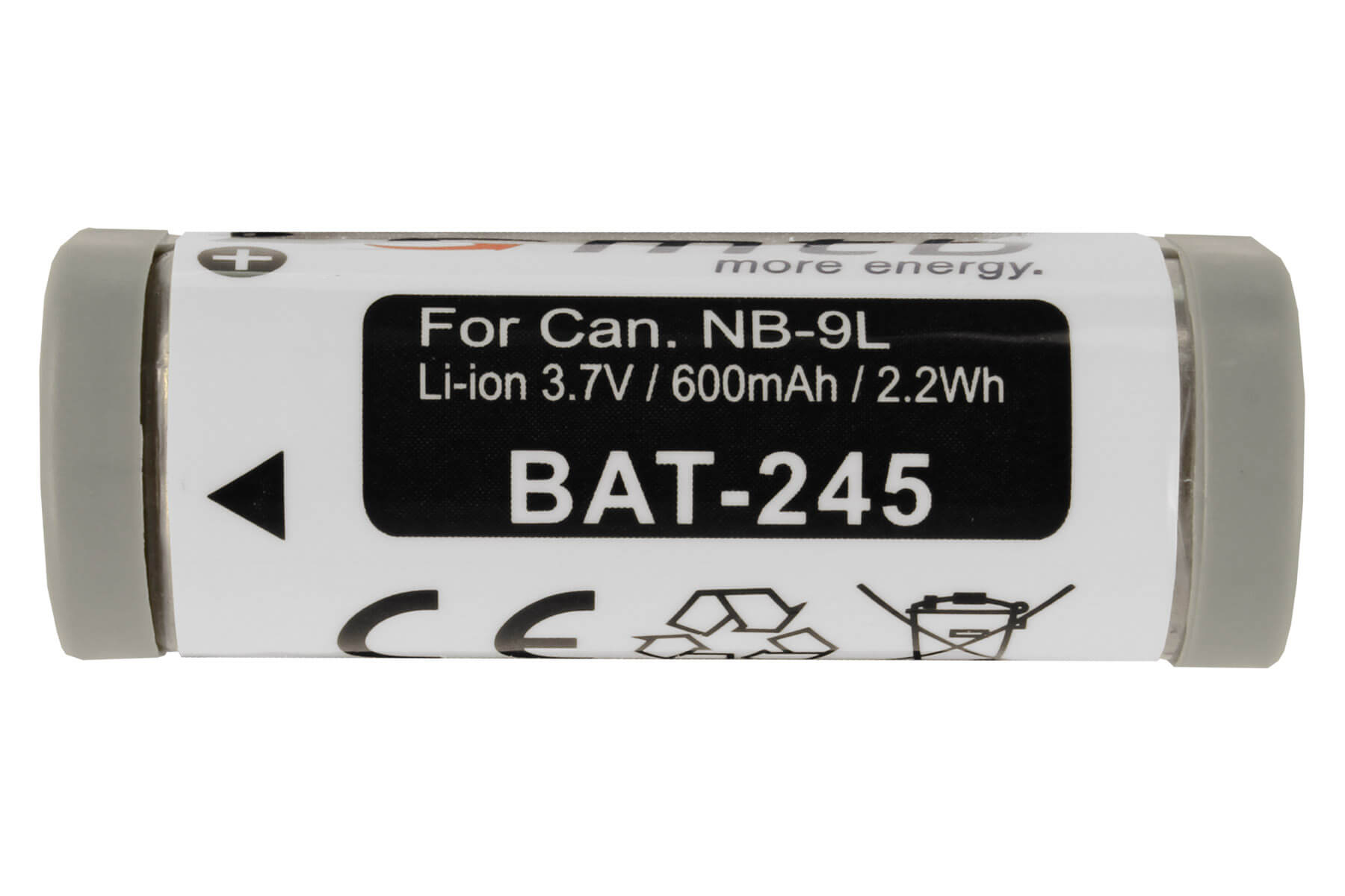 Zylindrische Batterie mit weißem Etikett, graue Enden.