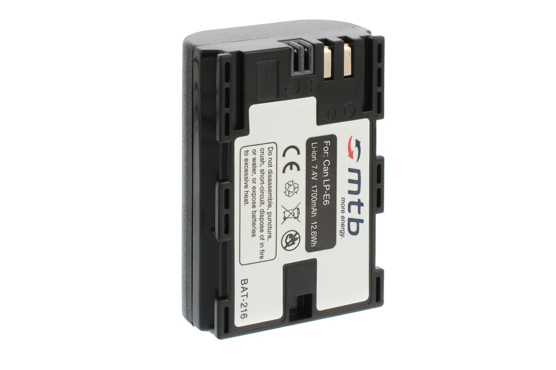 Schwarzer Akku, Aufschrift: For Can LP-E6 Li-ion 7.4V 1700mAh 12.6Wh. Warnhinweise.