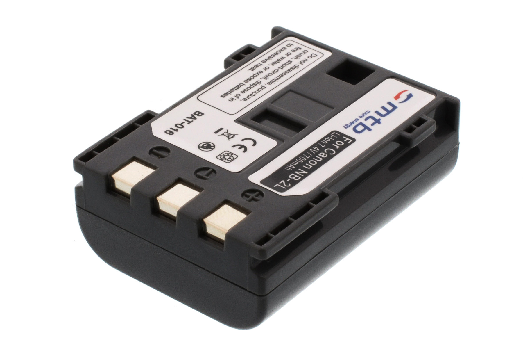 Eine schwarze Batterie mit einem weißen Etikett mit der Aufschrift „For Canon NB-2L“. Enthält Warnhinweise und ein CE-Zeichen.