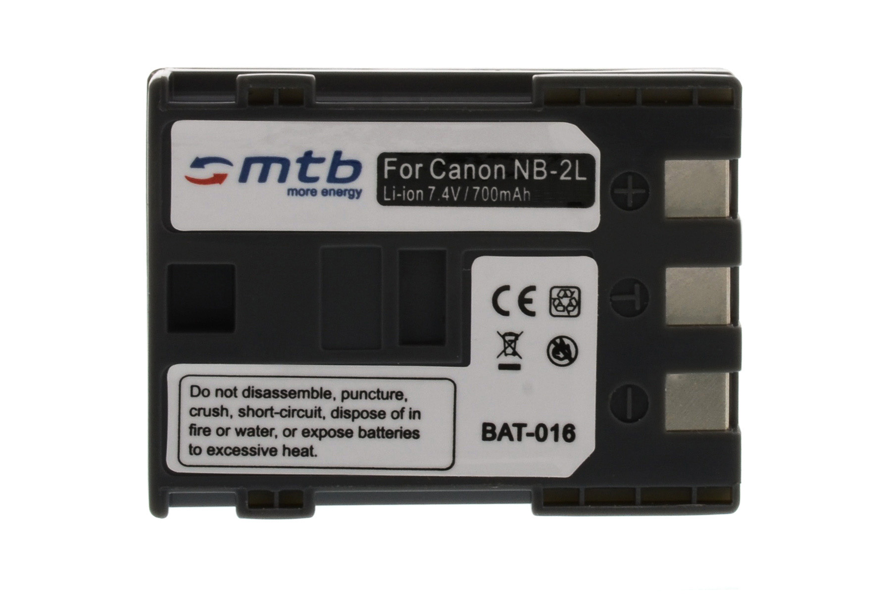 Schwarzer Akku, mit Text 'mtb more energy' und Sicherheitsinformationen.