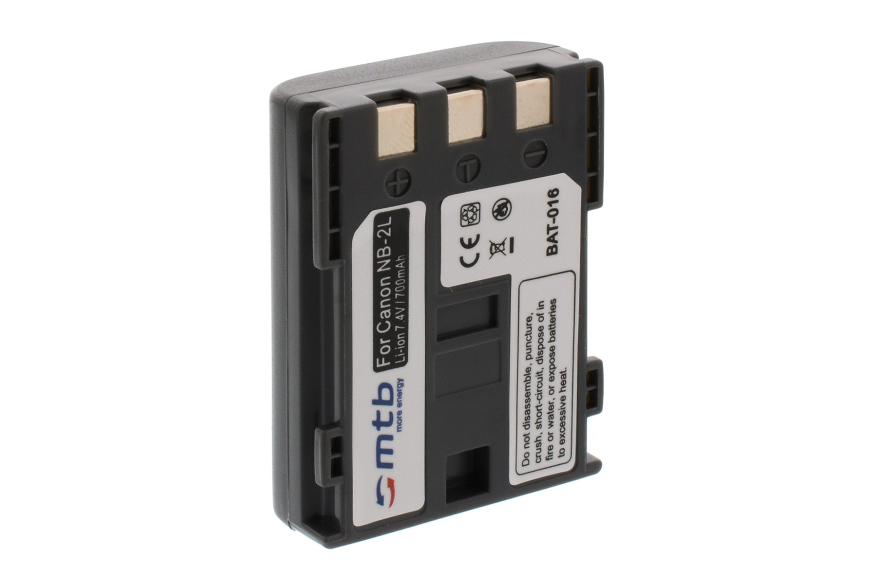 Ein schwarzer Akku mit weißem Text. Die Batteriekontakte sind sichtbar.