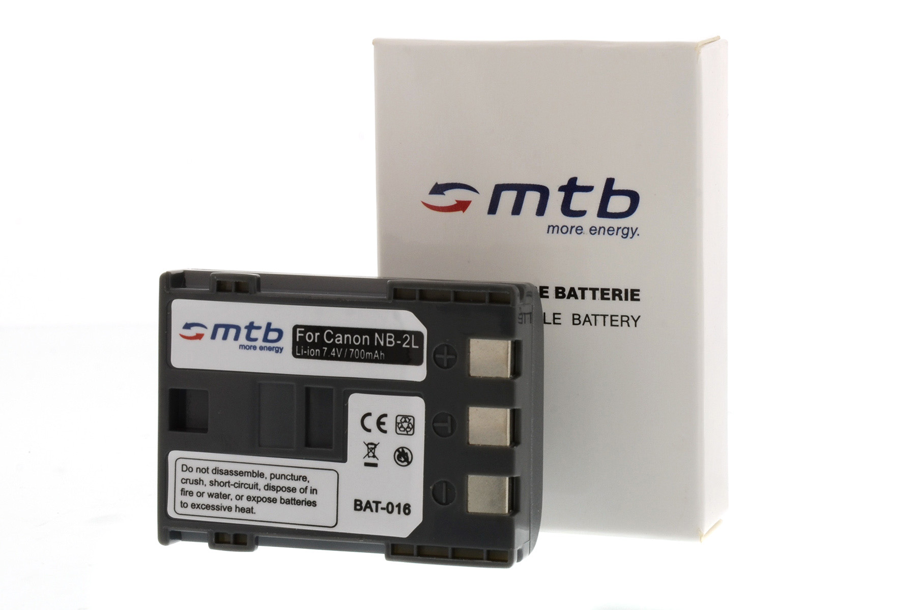 Schwarze Batterie mit weißer Verpackung, weißem Etikett und Markenlogo.