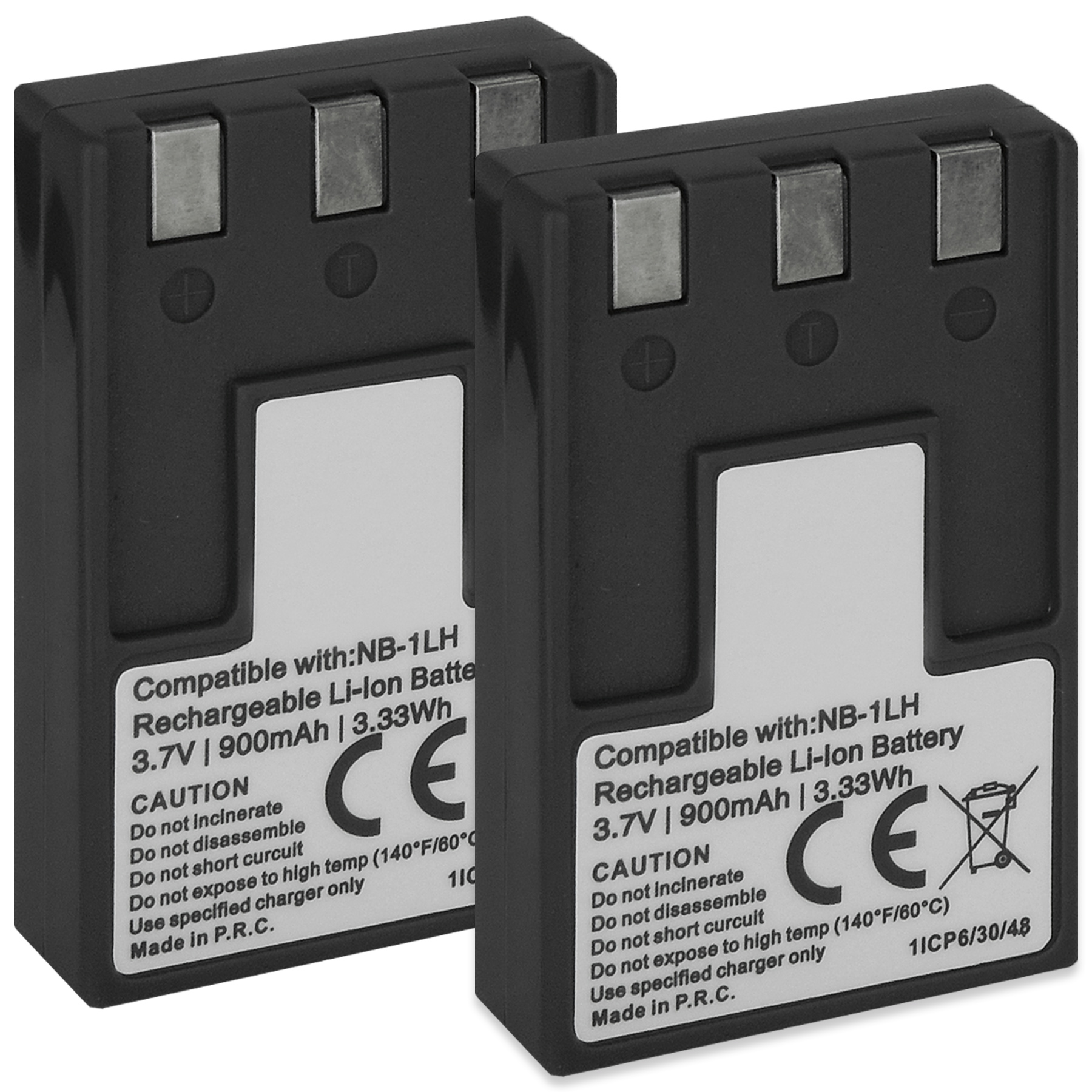 Zwei schwarze Akkus mit der Aufschrift "Compatible with:NB-1LH", 3,7V, 900mAh, mit Vorsichtshinweisen.