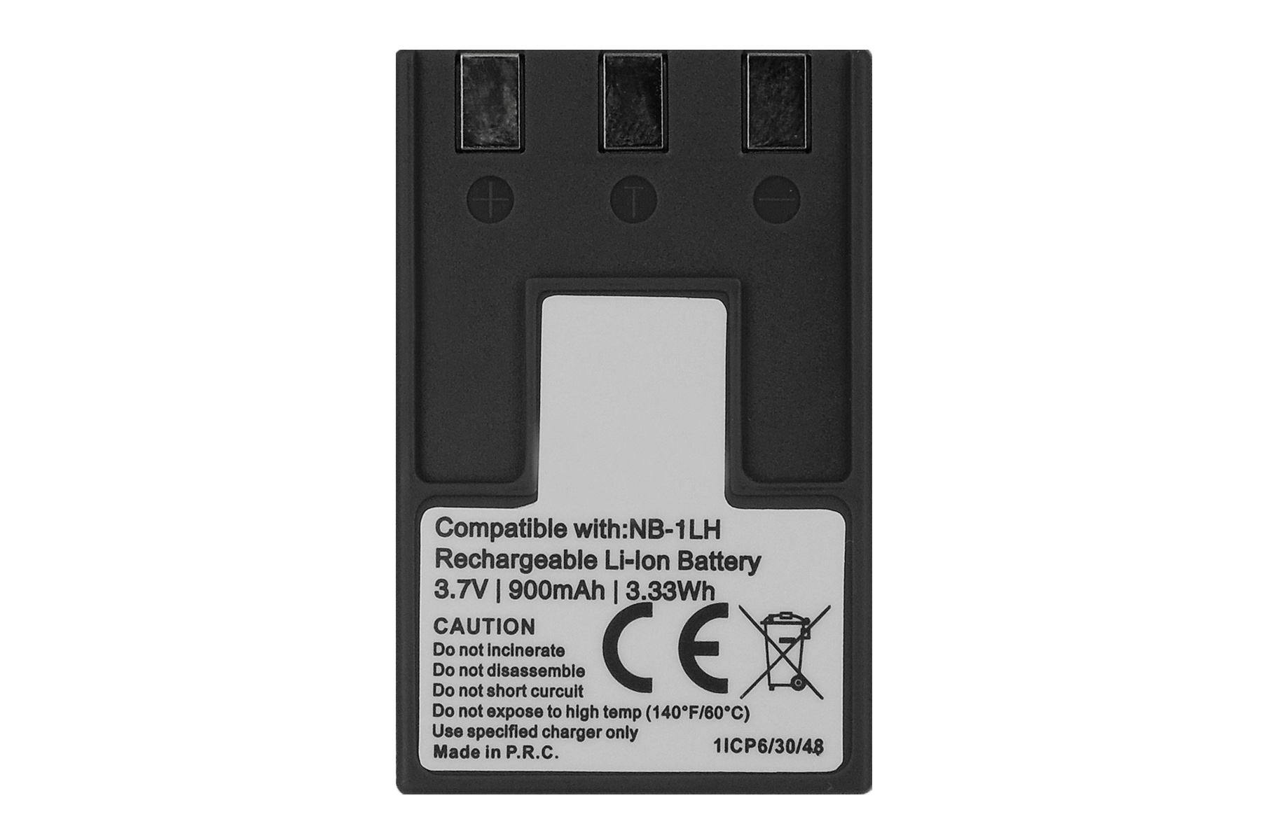 Schwarzer Akku mit Aufschrift: 'Compatible with: NB-1LH Rechargeable Li-ion Battery 3.7V 900mAh 3.3Wh'.