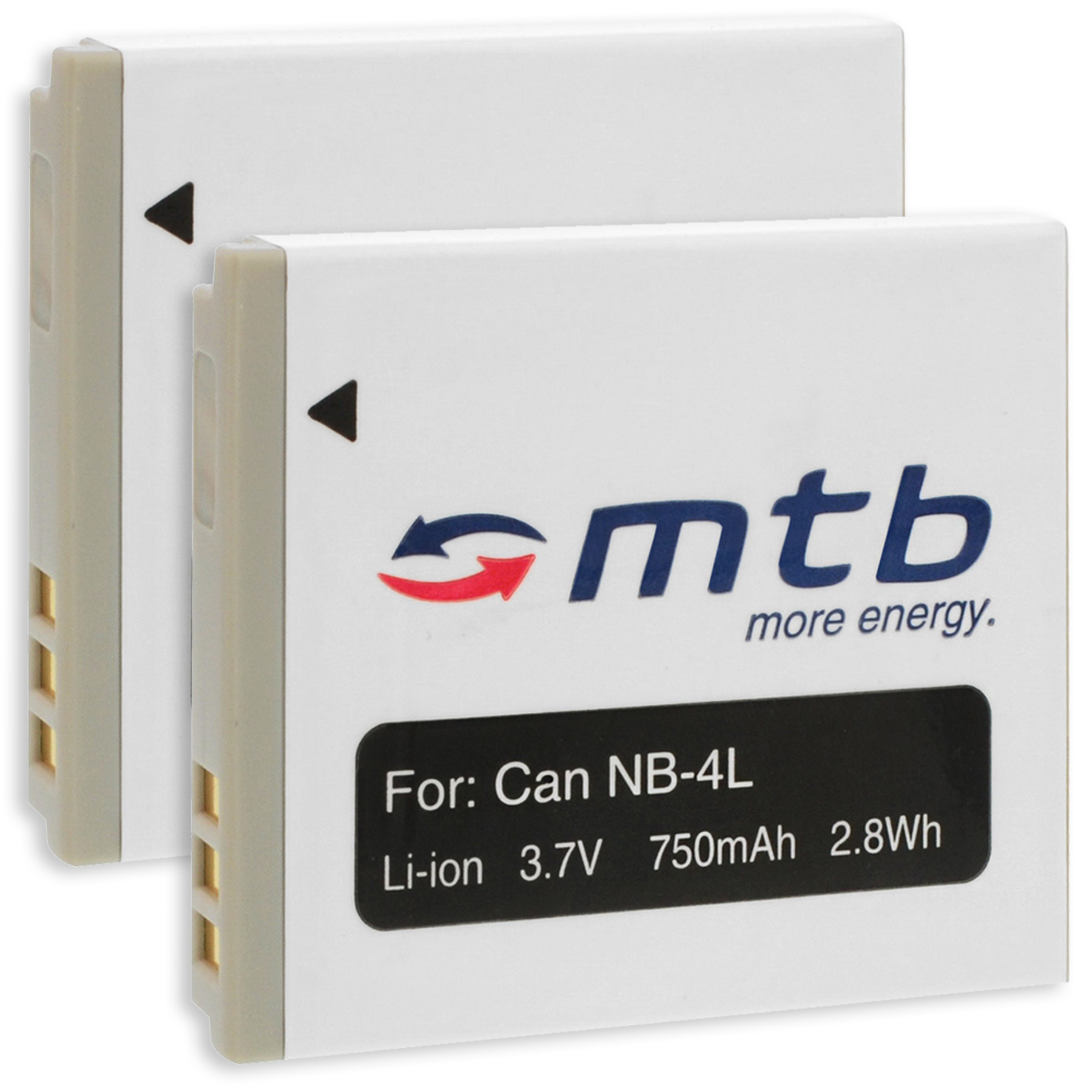 Zwei weiße MTB-Batterien mit schwarzem Text. Eine lautet "For: Can NB-4L" und Info. Pfeile sind rot und blau.