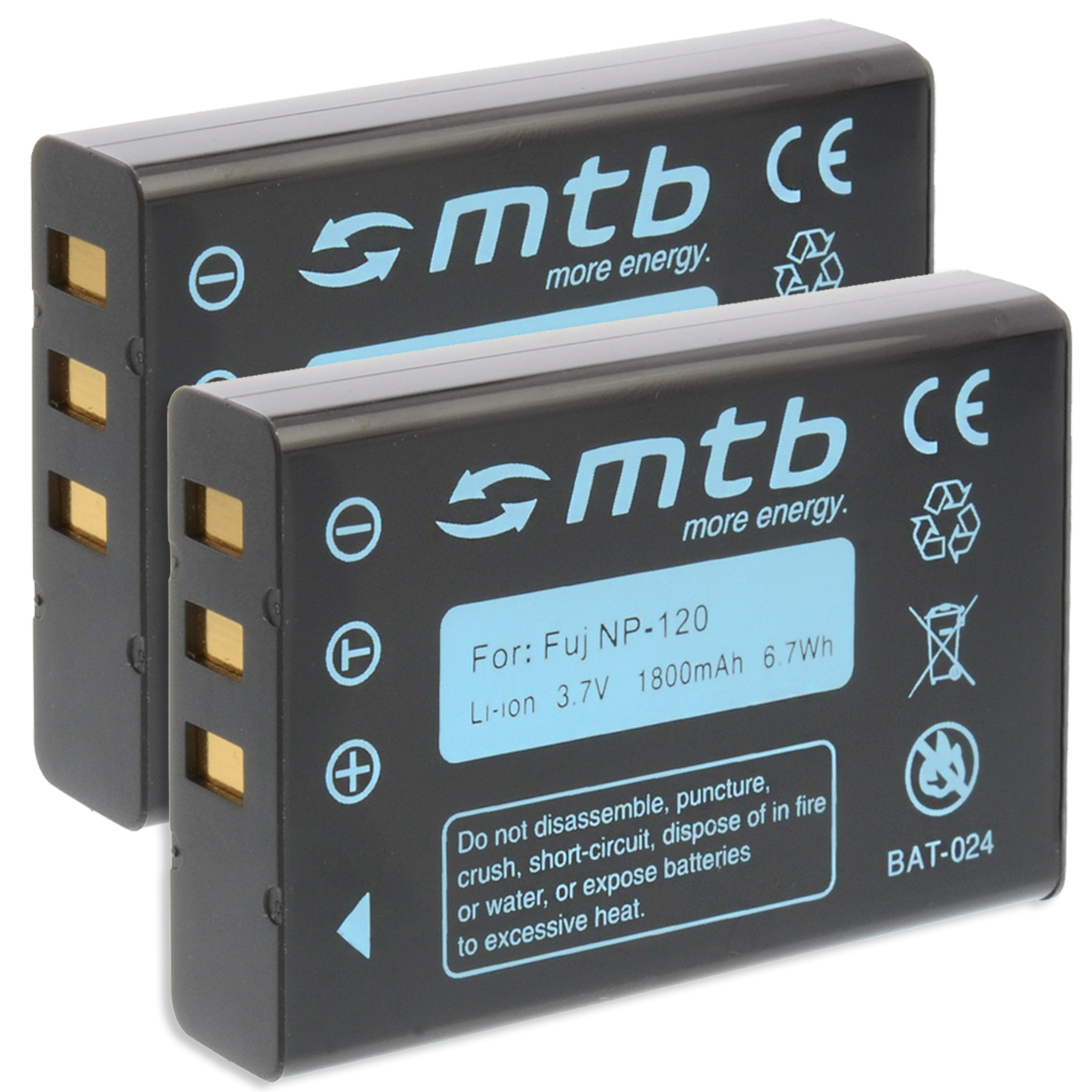 Zwei schwarze Batterien mit der Aufschrift 'mtb more energy' und Produktinfo und Warnhinweis.