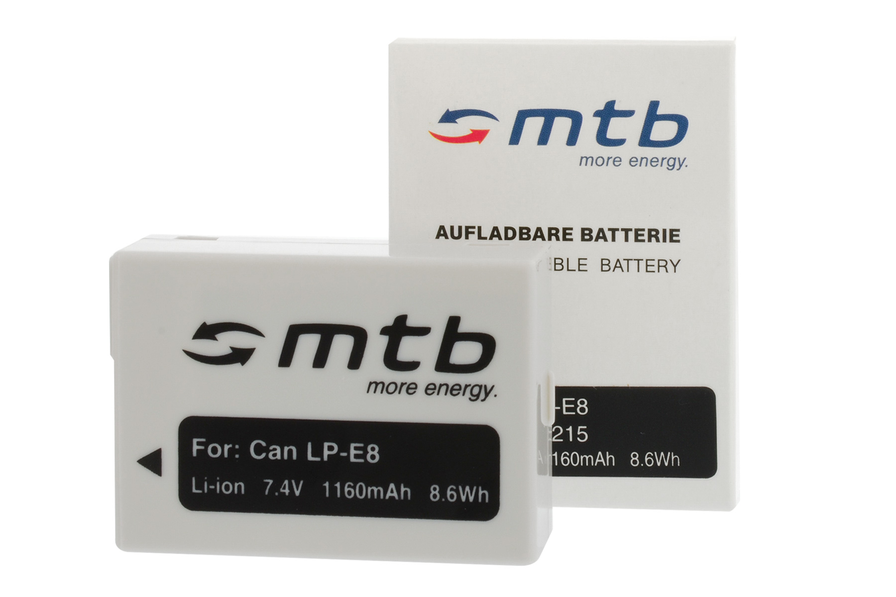 Zwei weiße Batterien mit schwarzem Text und dem Logo von 'mtb more energy'. Eine Batterie hat eine Box.