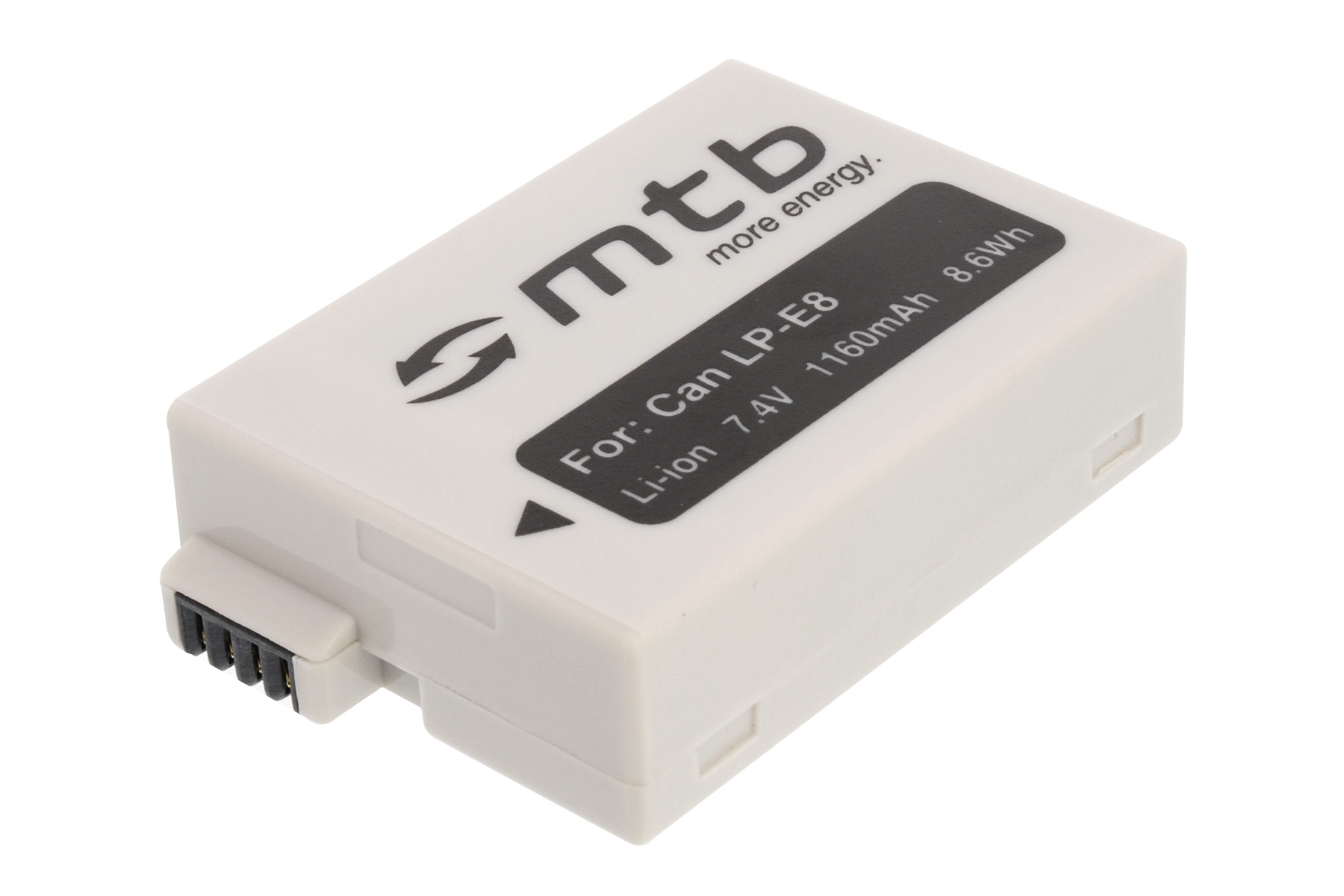 Weißer Akku mit schwarzem Etikett. Es steht 'For: Can LP-E8' und 'Li-ion 7,4 V 1160 mAh'. Der Hintergrund ist weiß.