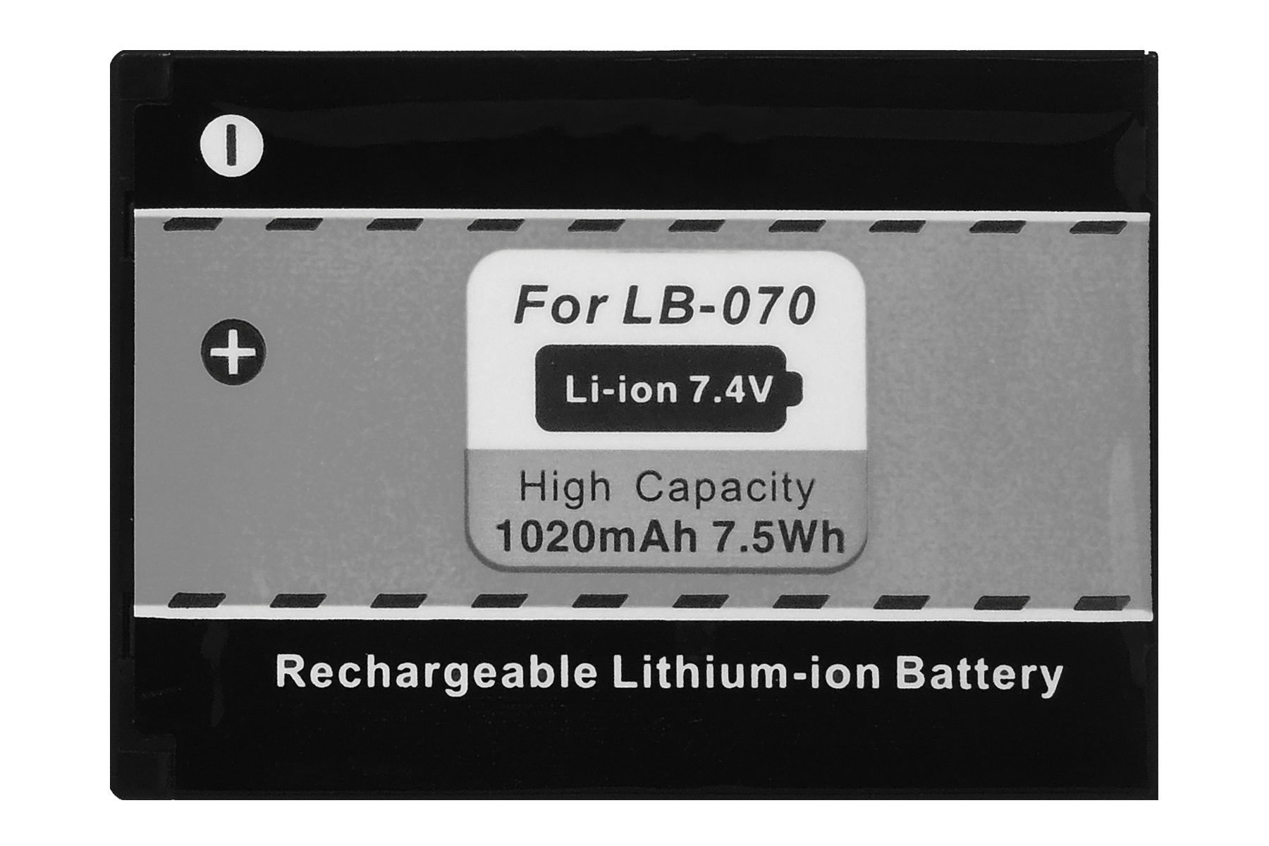 Ein schwarzer, wiederaufladbarer Lithium-Ionen-Akku mit Etikett, weißer Hintergrund.