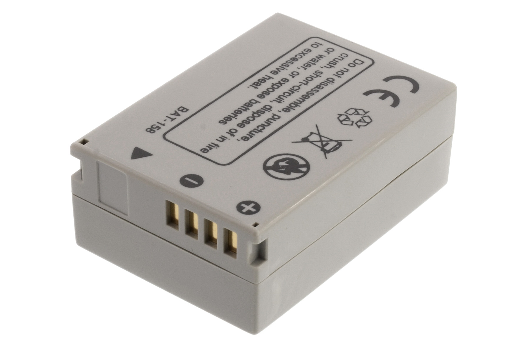Graue Kamera-Batterie mit schwarzen und goldenen Kontakten. Sie hat Sicherheitshinweise aufgedruckt.